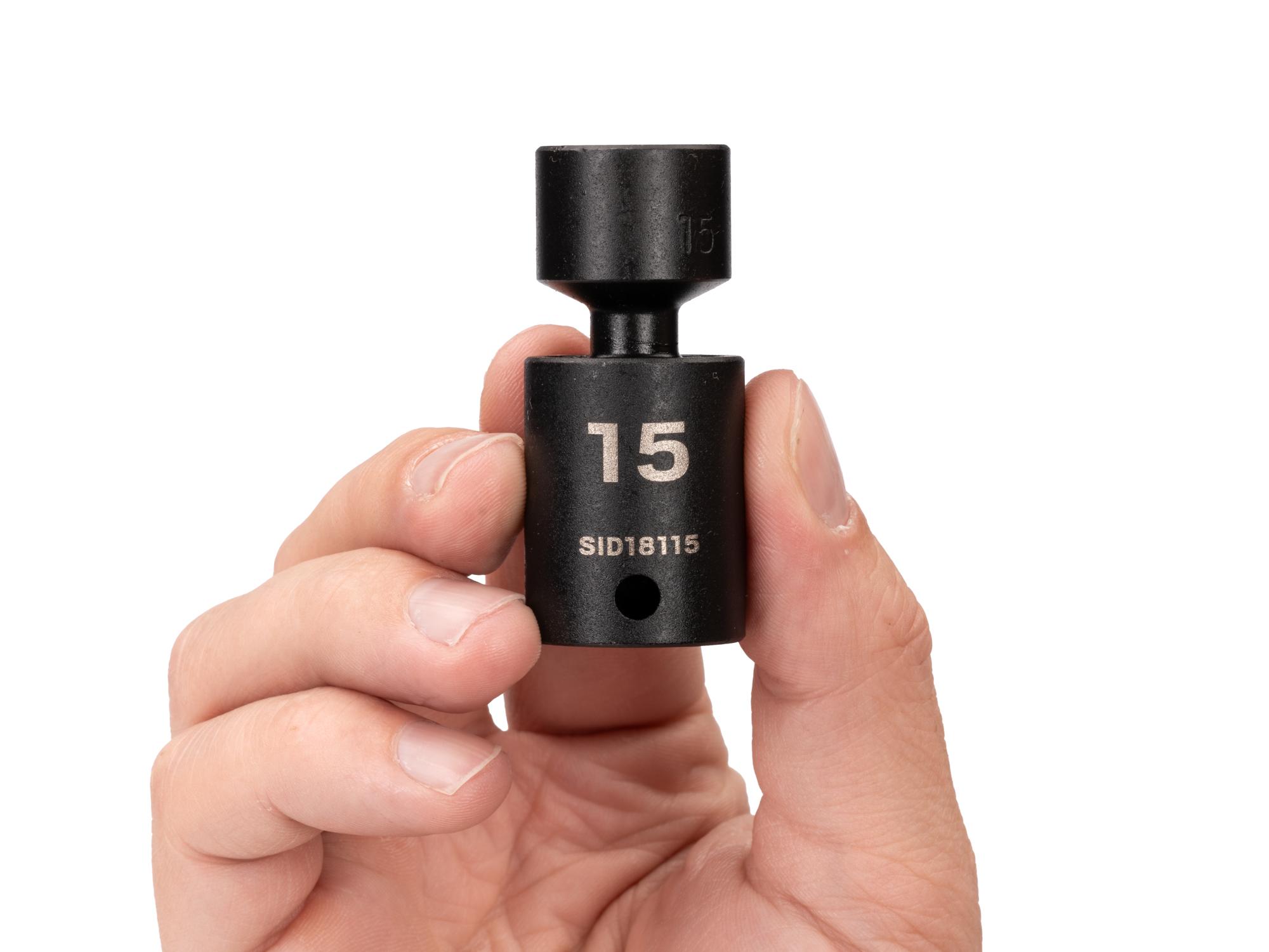 Person holding Tekton impact drive universal joint socket. Item #SID18115
