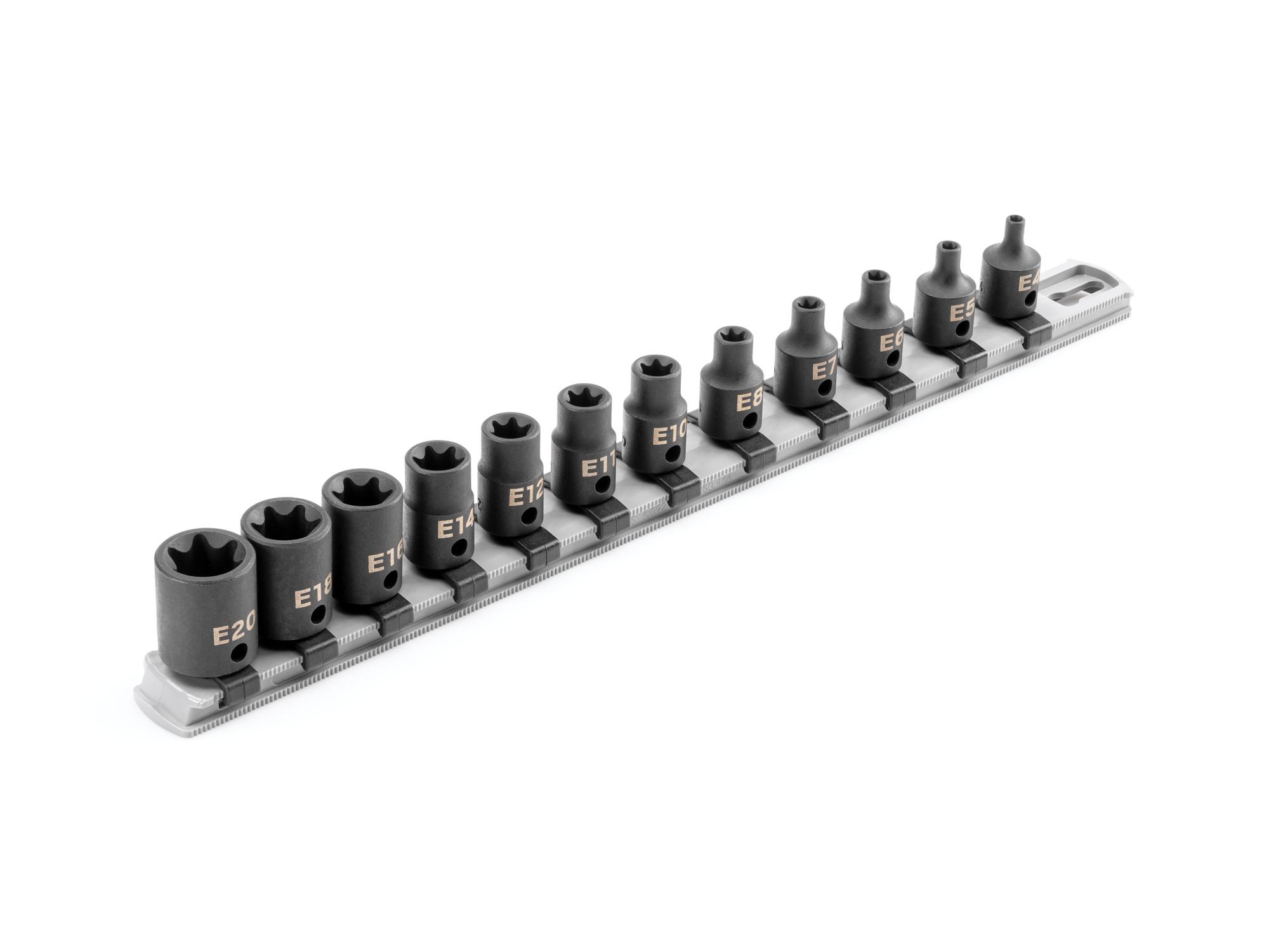 Front-right angle view of Tekton rail impact drive external star socket set. Item #SID91116
