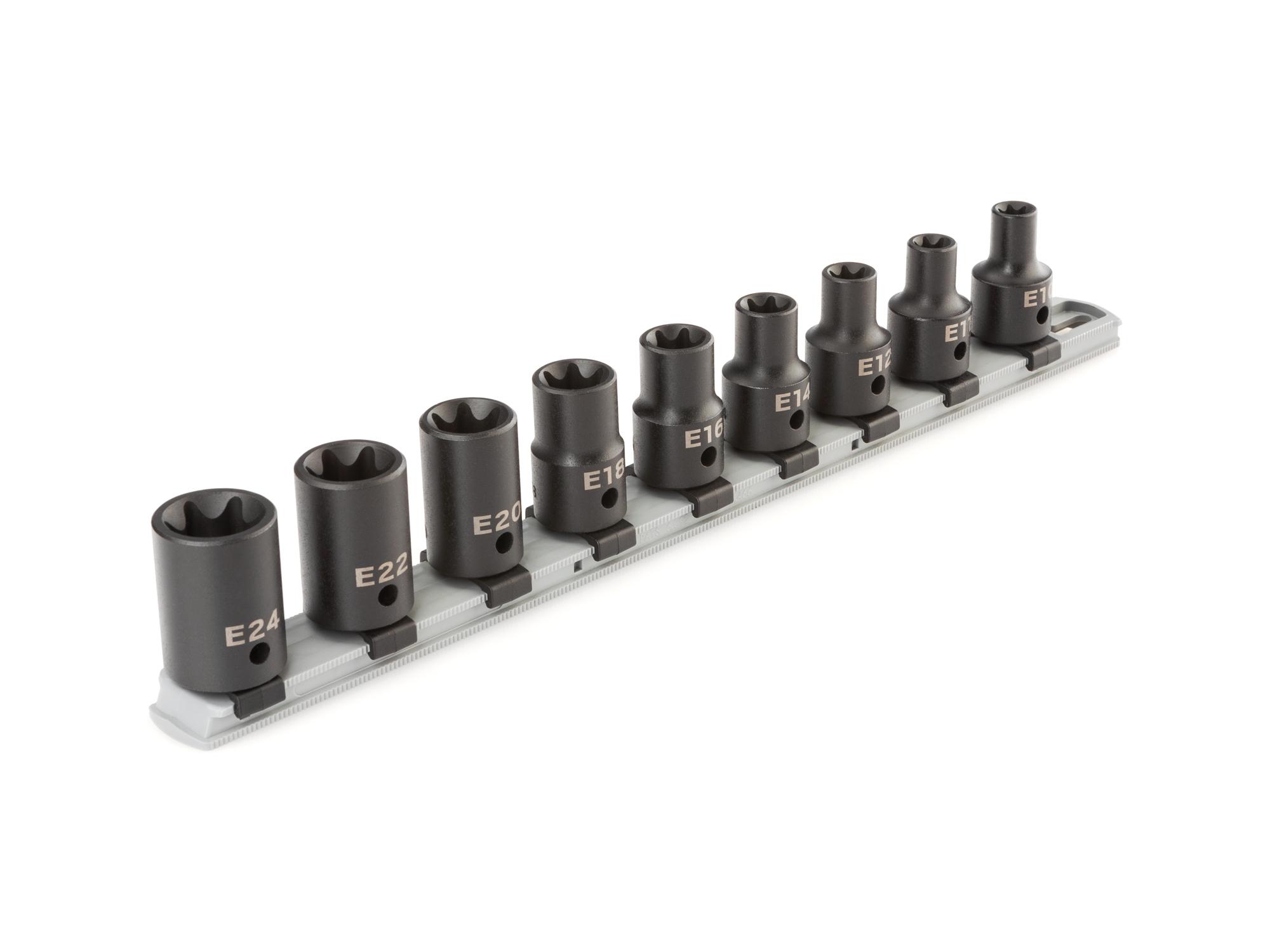 Front-right angle view of Tekton rail impact drive external star socket set. Item #SID92100