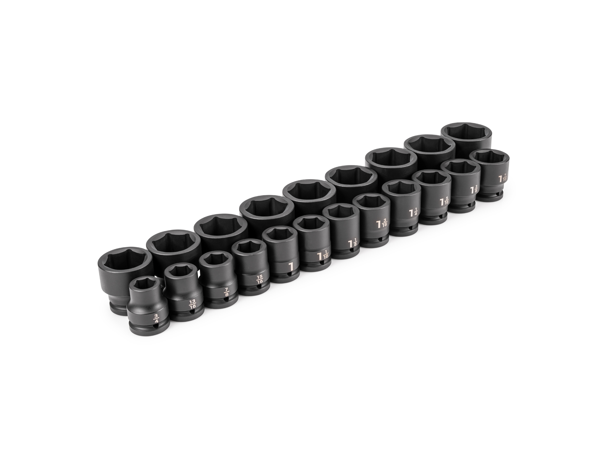 Front-right angle view of Tekton  impact drive 6-point socket set. Item #SID93001