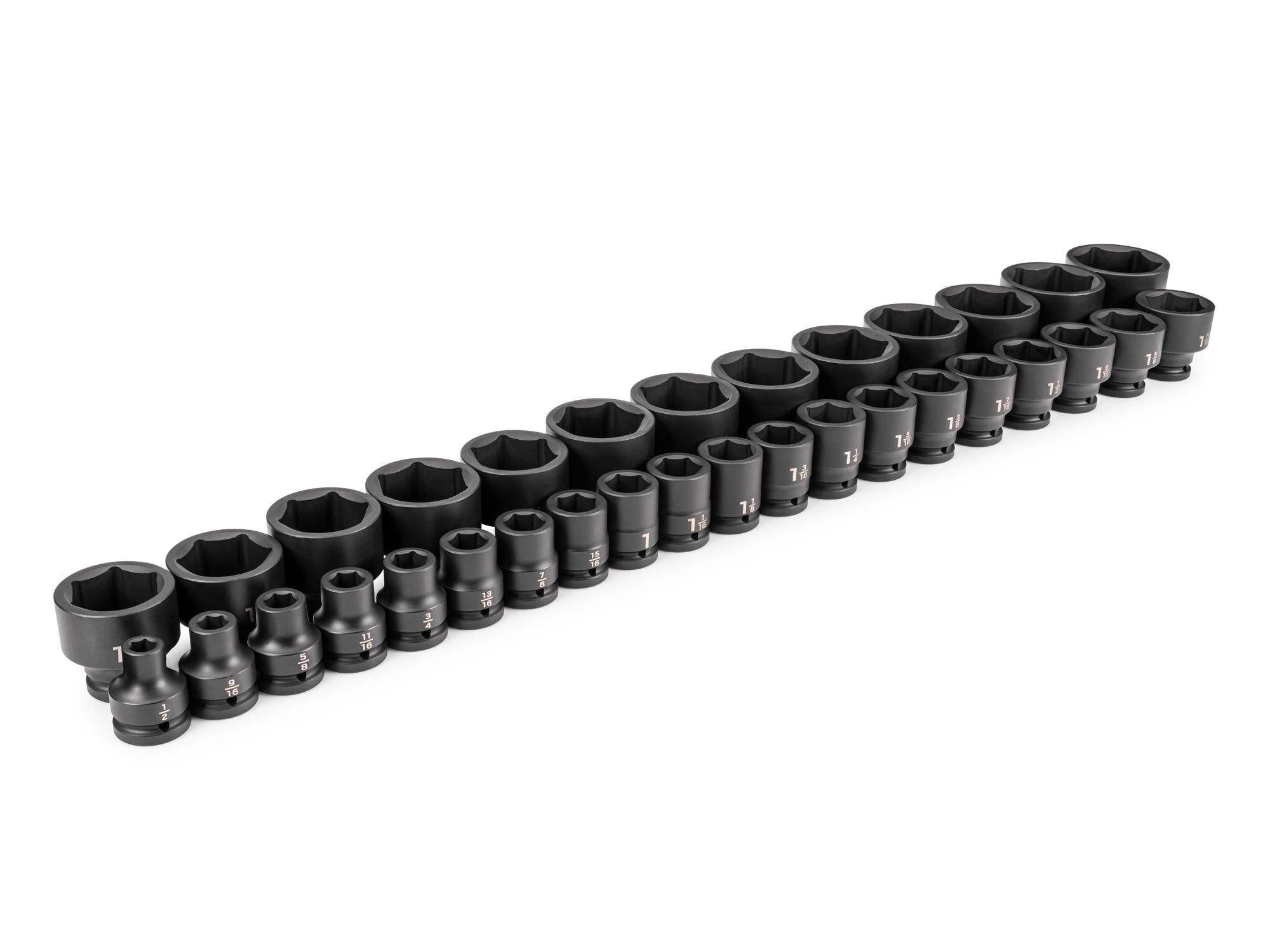 Front-right angle view of Tekton impact drive 6-point socket set. Item #SID93007