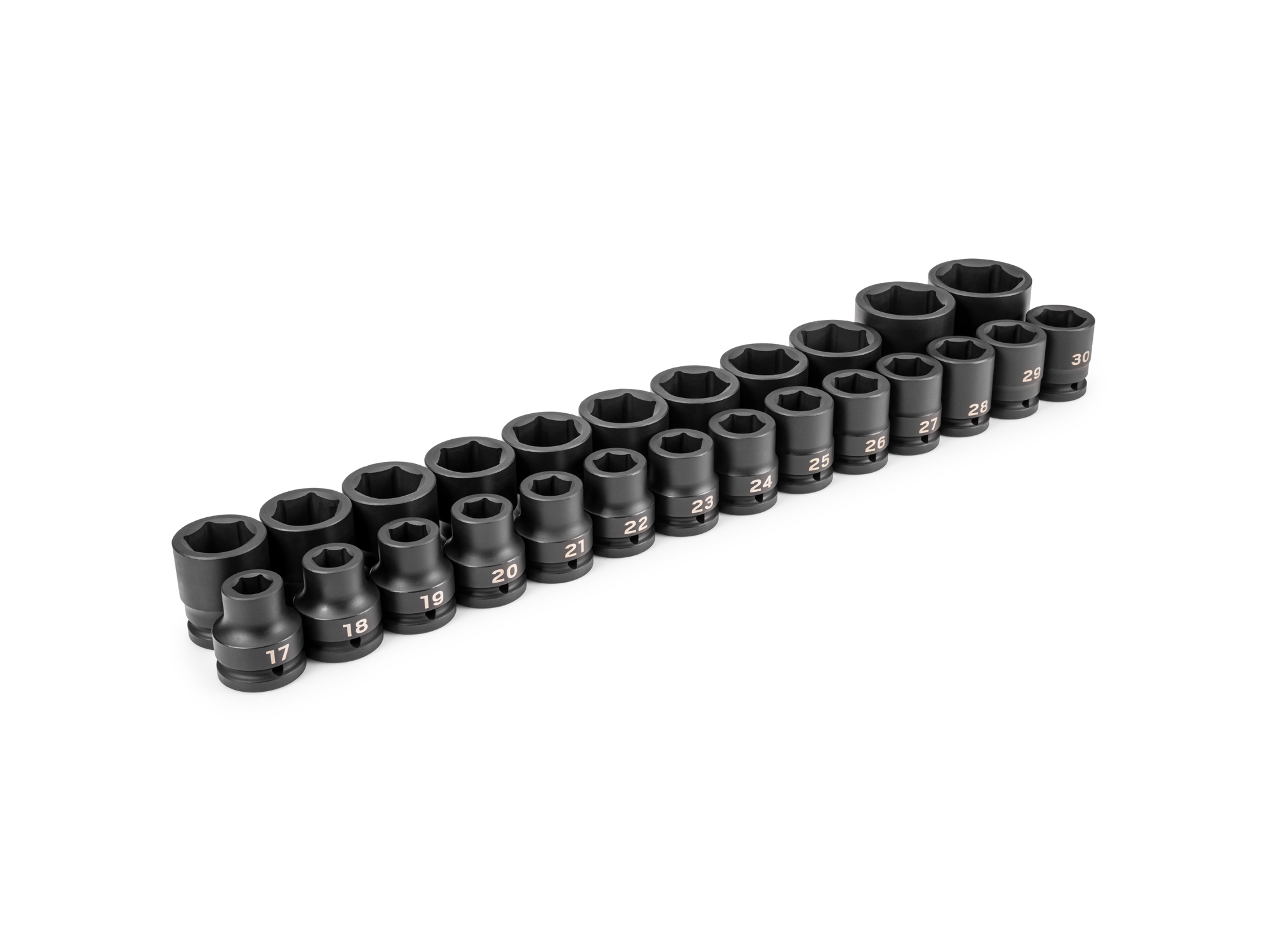Front-right angle view of Tekton  impact drive 6-point socket set. Item #SID93013