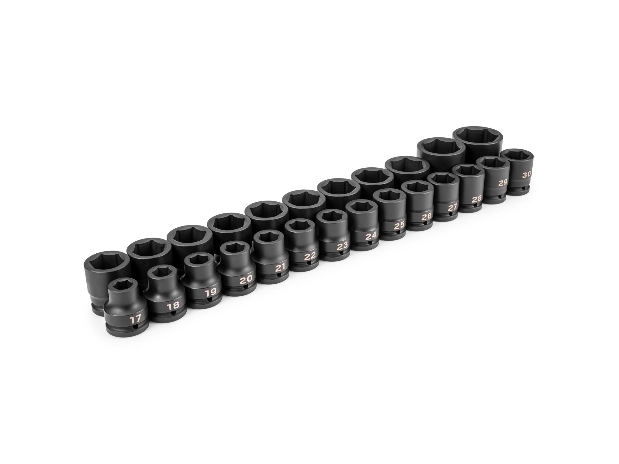 Front-right angle view of Tekton impact drive 6-point socket set. Item #SID93013