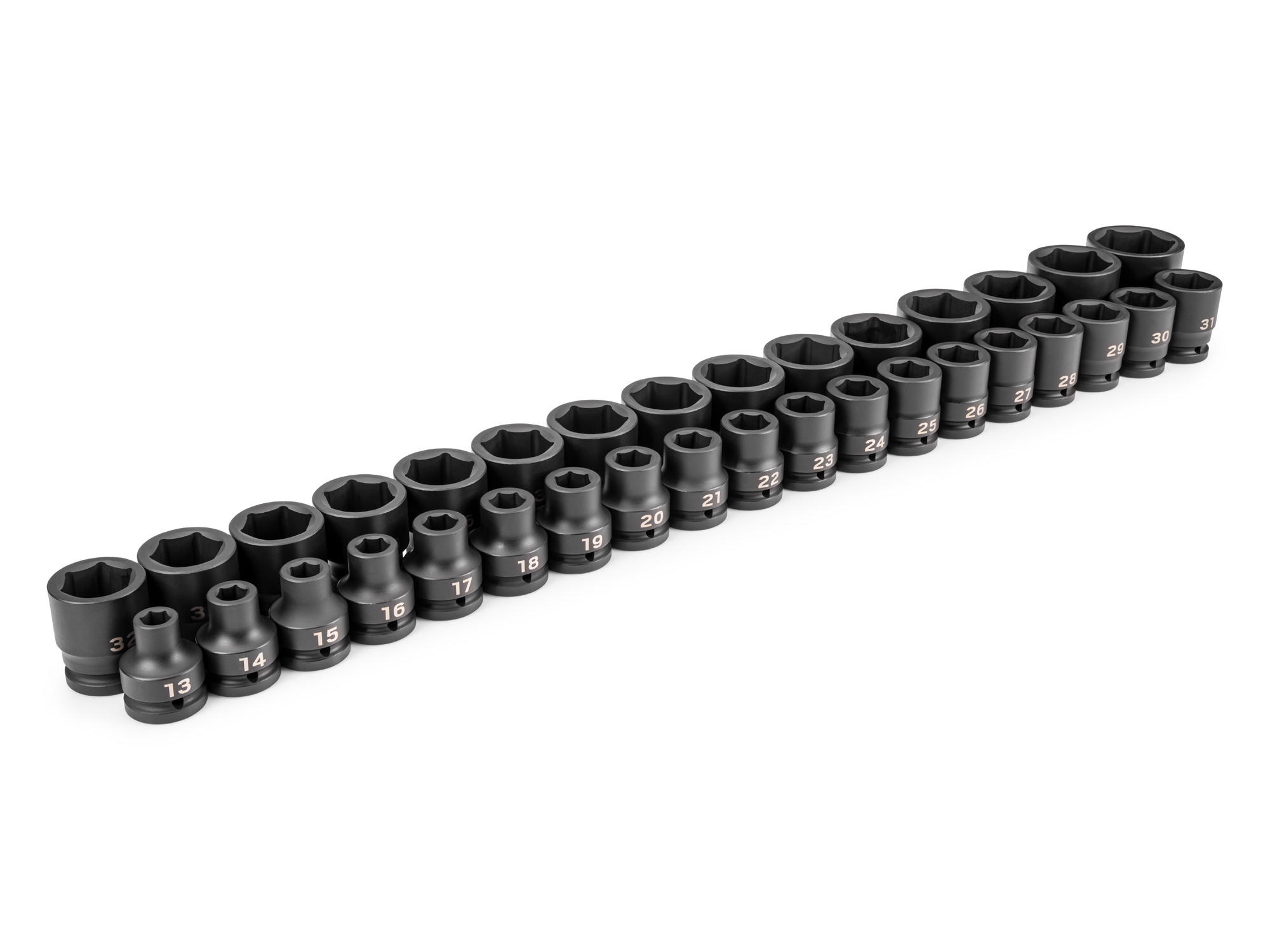 Front-right angle view of Tekton  impact drive 6-point socket set. Item #SID93018
