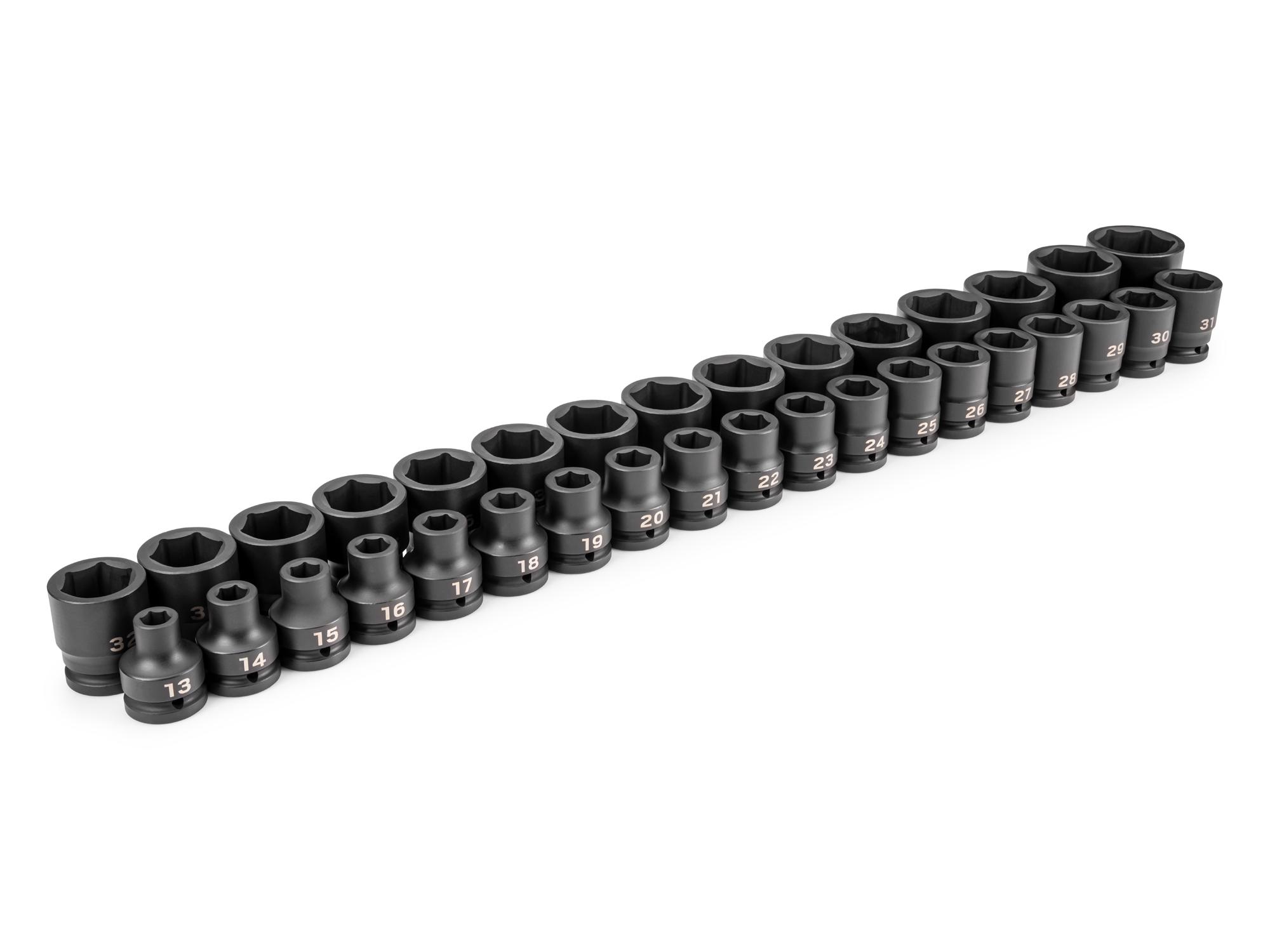 Front-right angle view of Tekton impact drive 6-point socket set. Item #SID93018