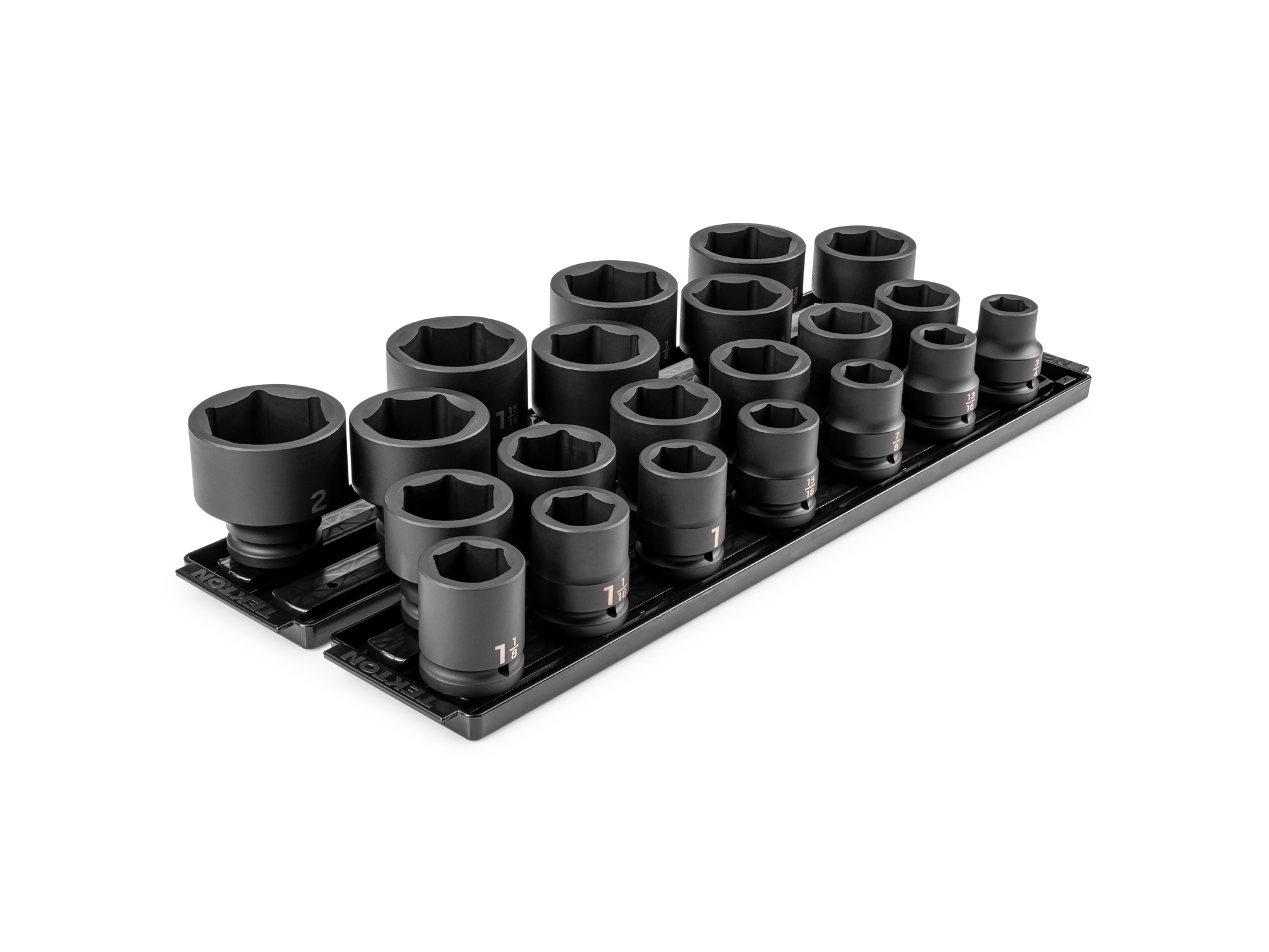 Front-right angle view of Tekton rail and tray impact drive 6-point socket set. Item #SID93101