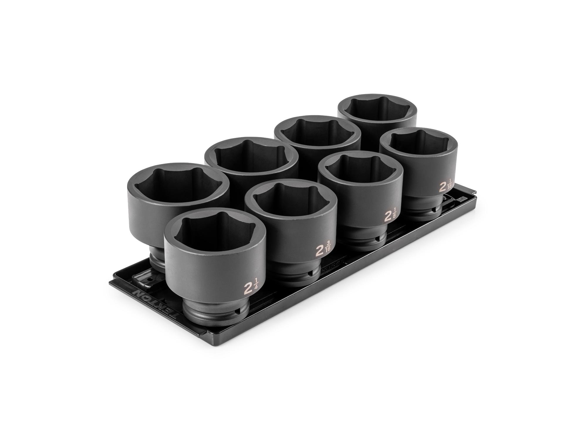Front-right angle view of Tekton rail impact drive 6-point socket set. Item #SID93104