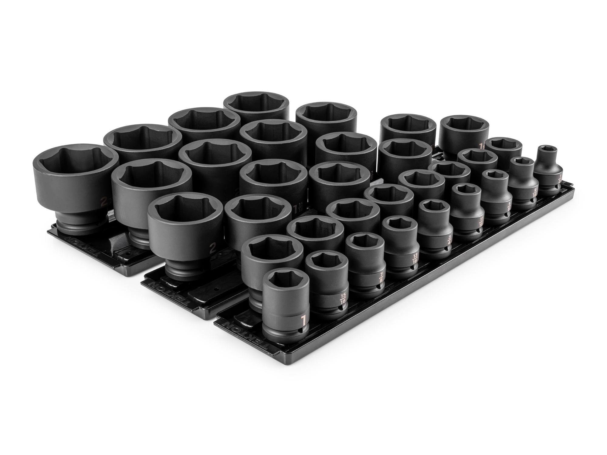 Front-right angle view of Tekton rail and tray impact drive 6-point socket set. Item #SID93107