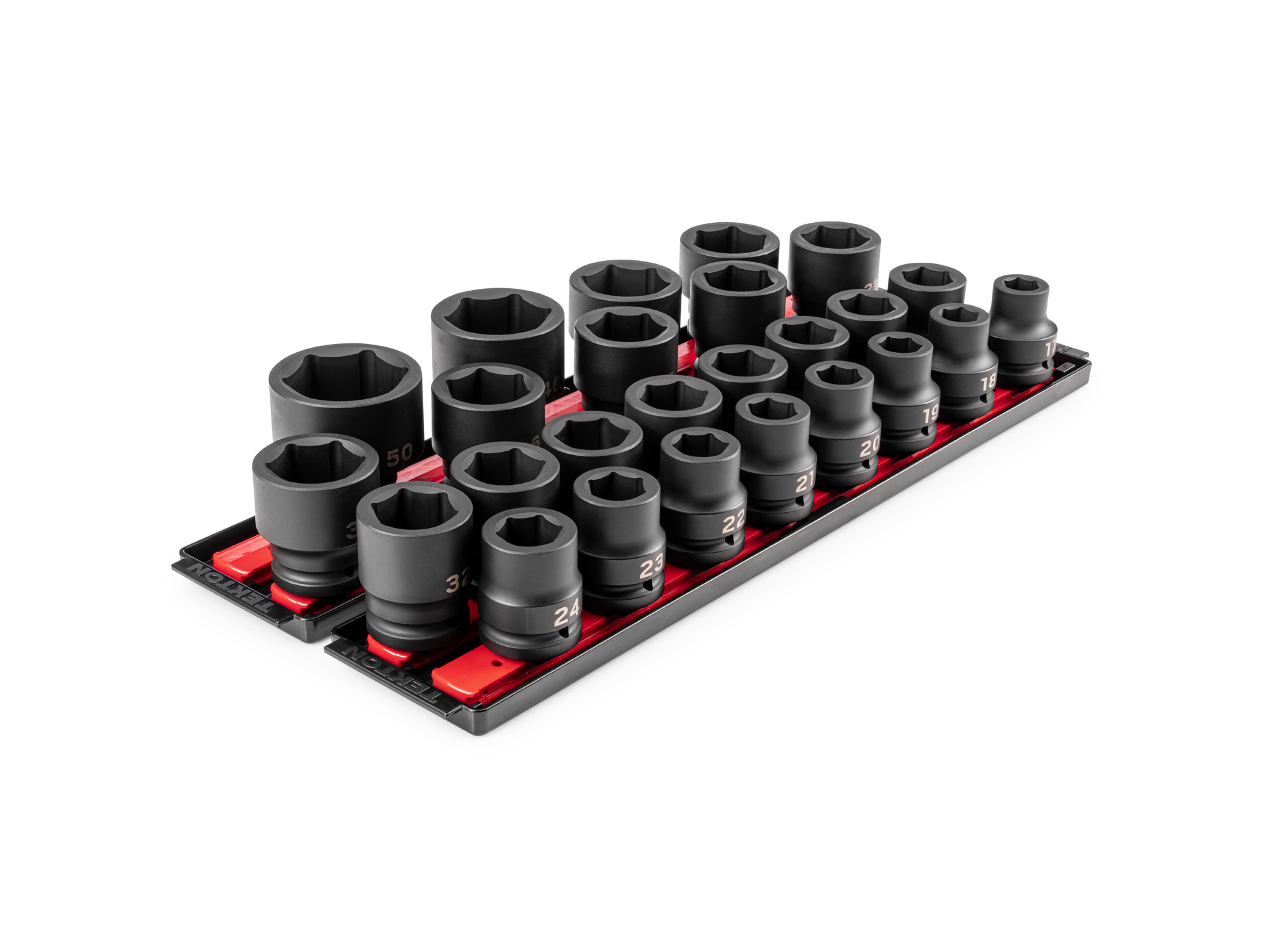 Front-right angle view of Tekton rail and tray impact drive 6-point socket set. Item #SID93113