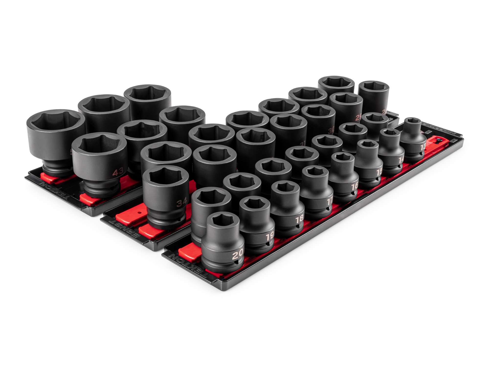 Front-right angle view of Tekton rail and tray impact drive 6-point socket set. Item #SID93118