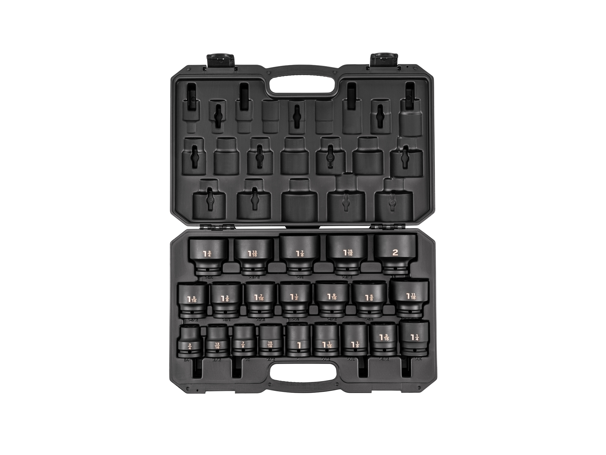 Front view of Tekton case impact drive 6-point socket set. Item #SID93301