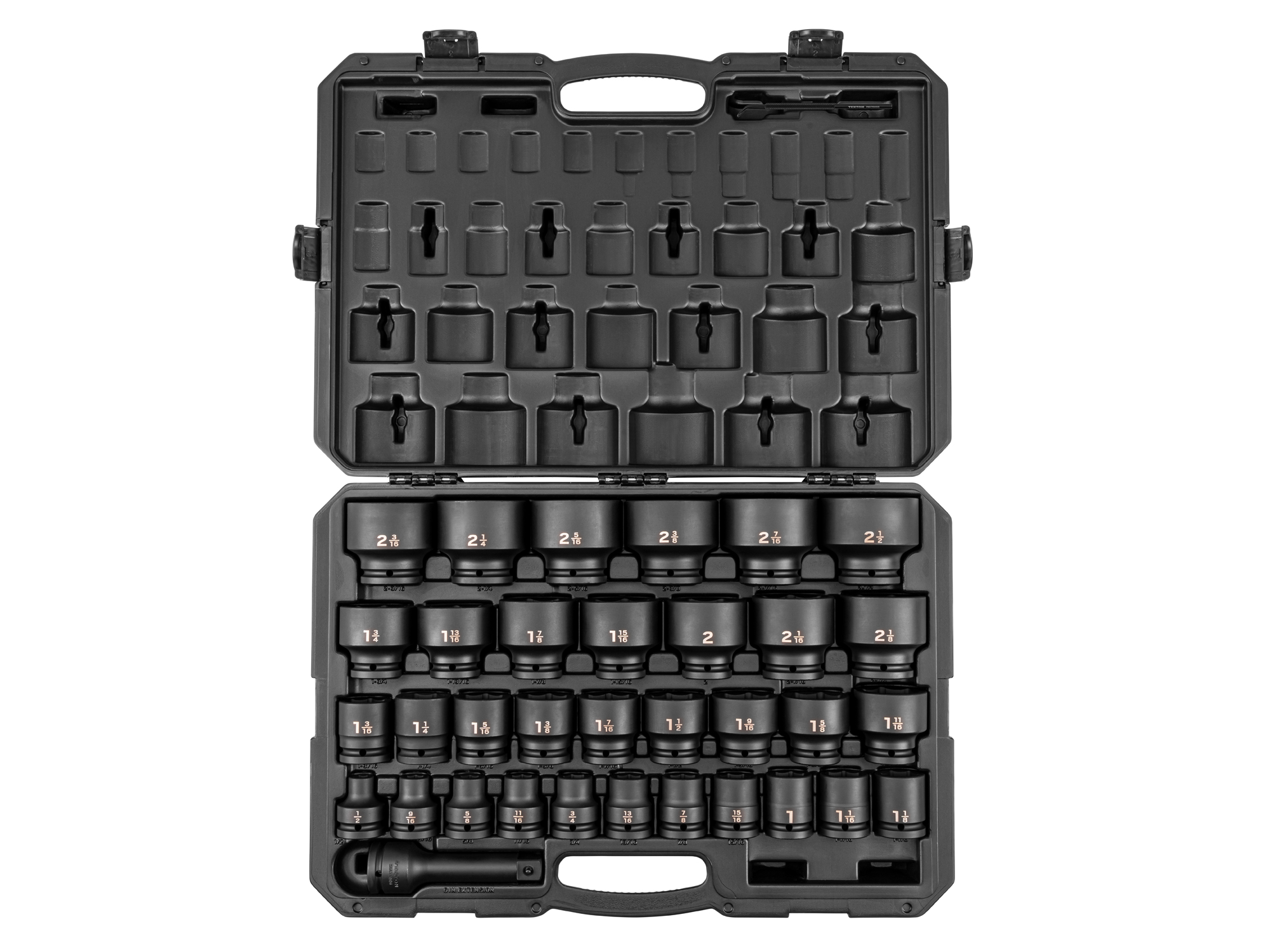 Front view of Tekton case impact drive 6-point socket set. Item #SID93407