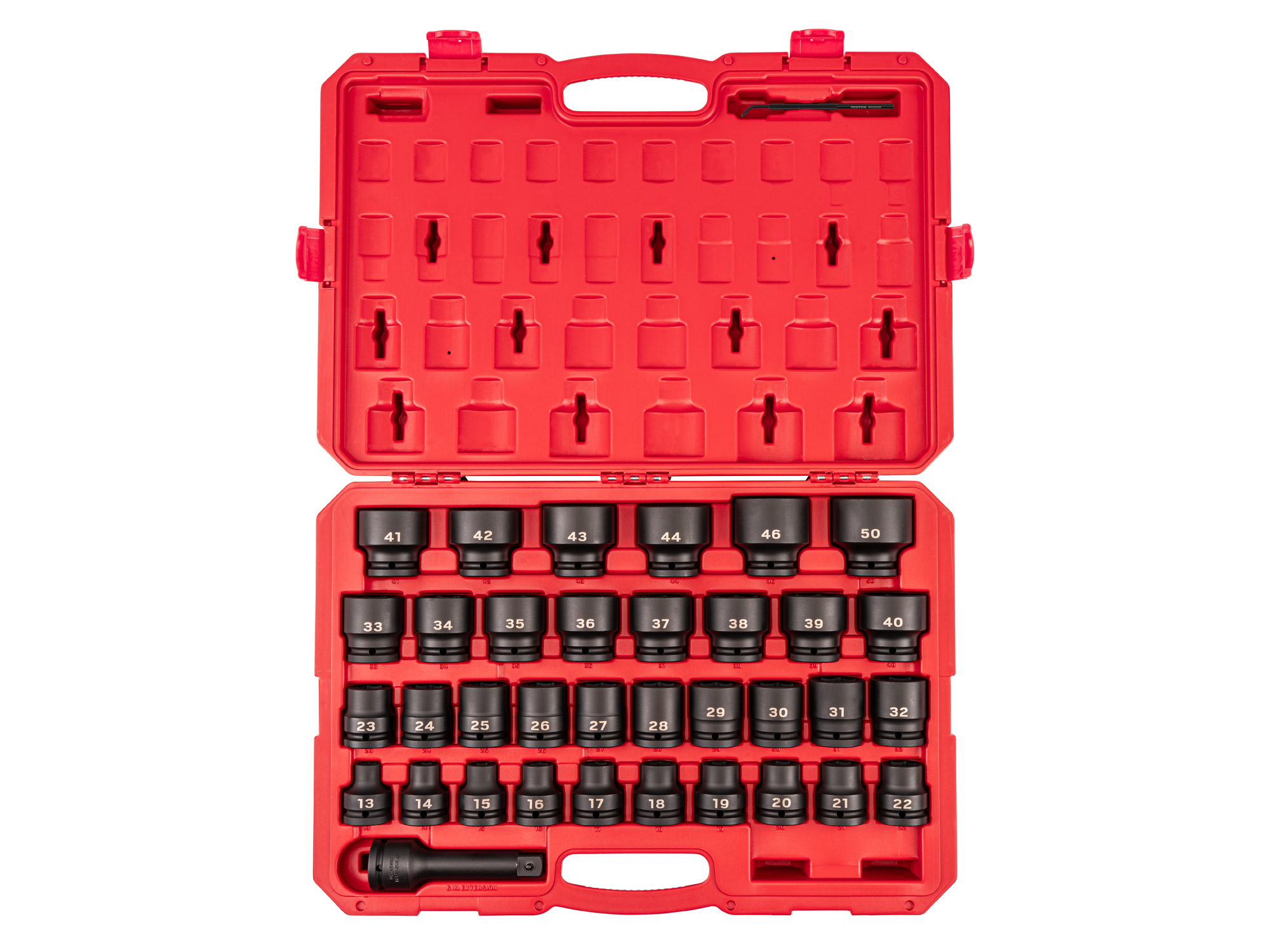 Front view of Tekton case impact drive 6-point socket set. Item #SID93418
