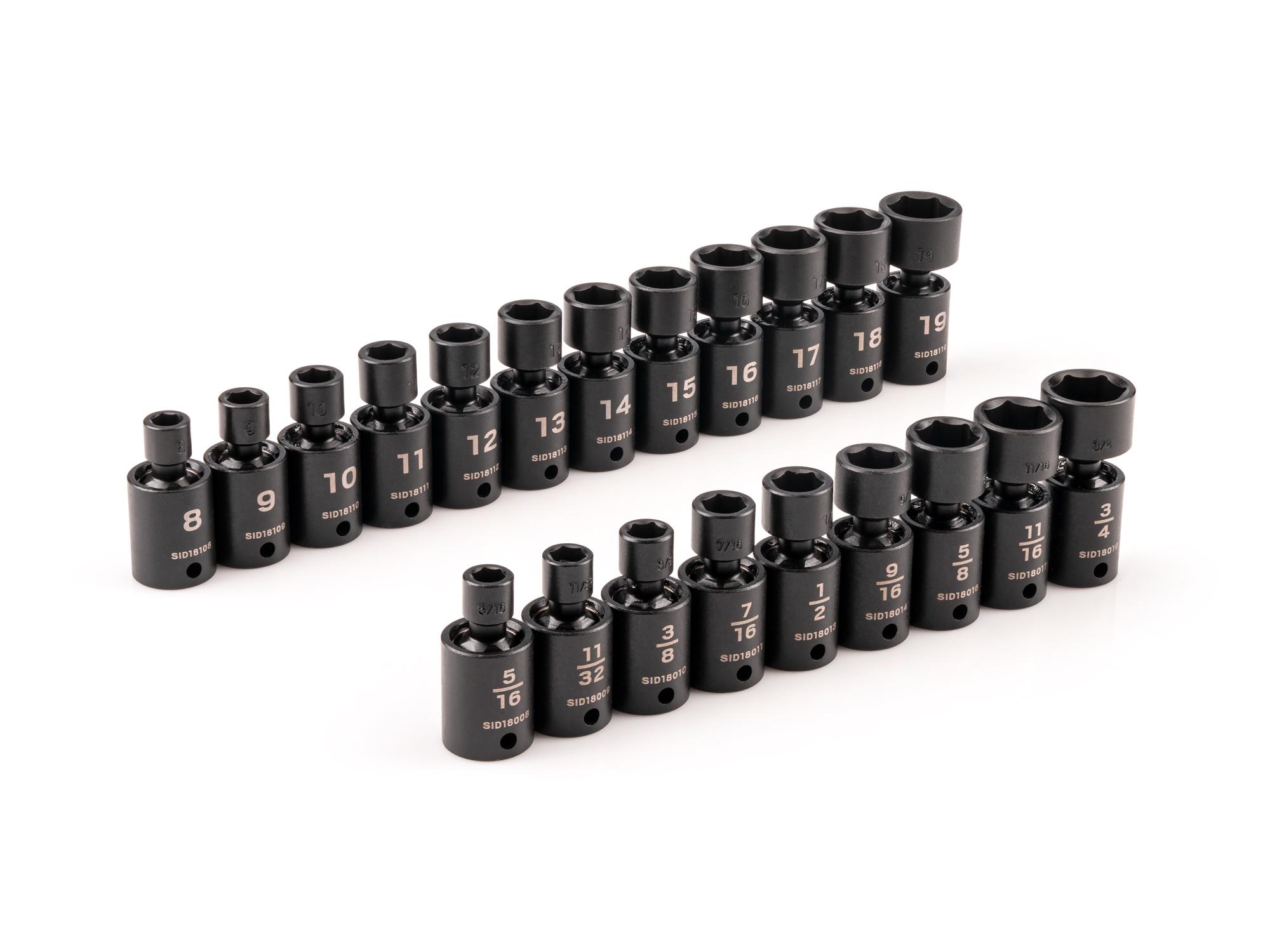 3/8 Inch Drive Shallow 6-Point Universal Joint Impact Socket Set (21-Piece)
