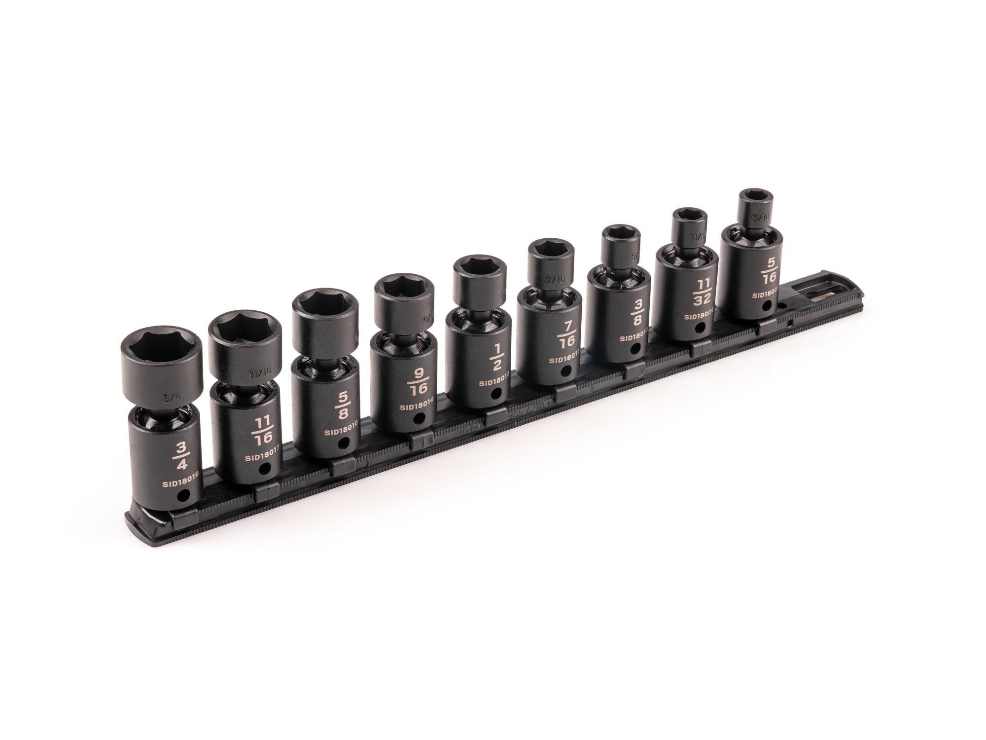 Front-right angle view of Tekton rail impact drive universal joint socket set. Item #SID97100