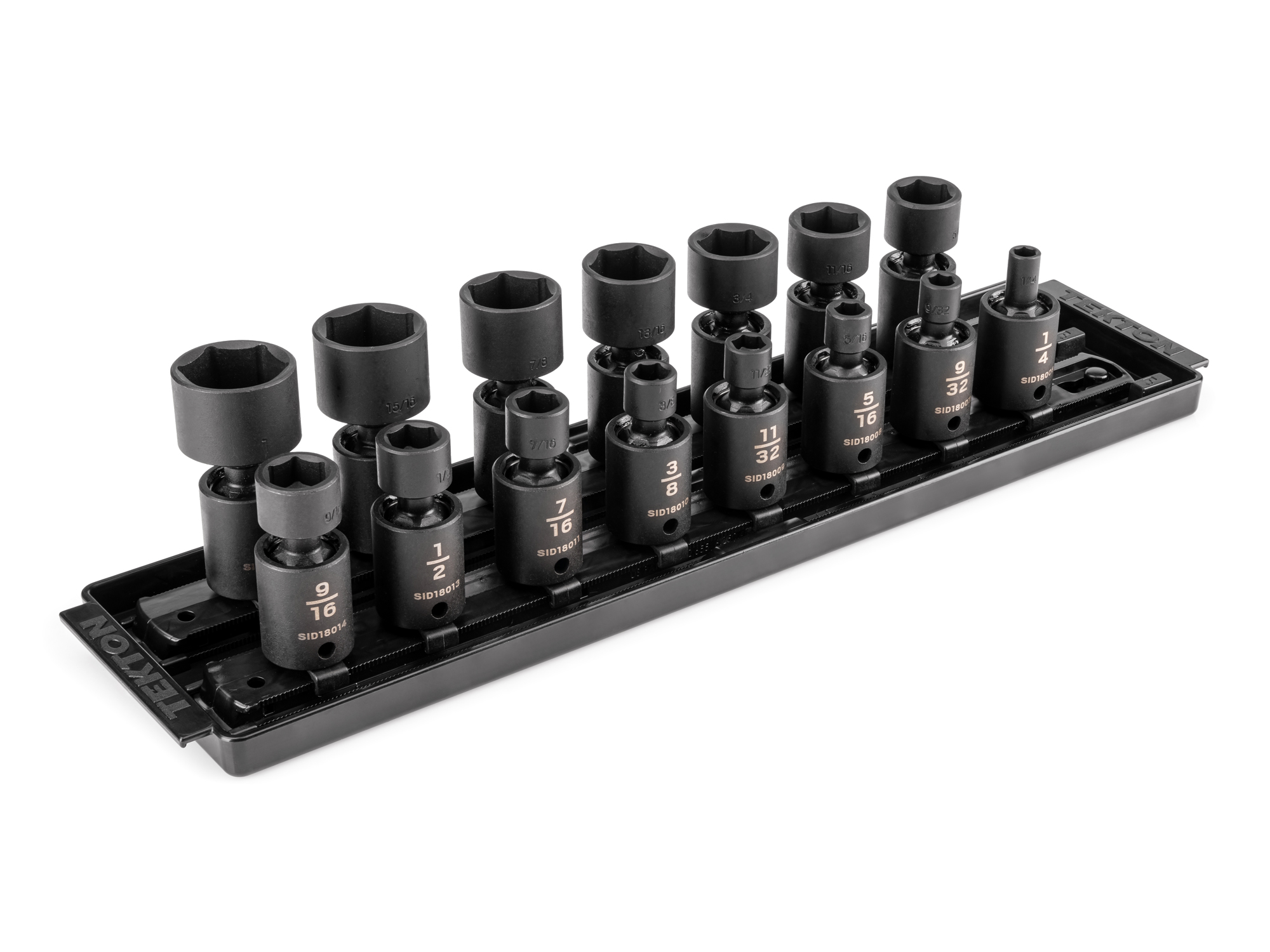 TEKTON 3/8 Inch Drive 6-Point Universal Joint Impact Socket Set with Rails and Tray, 15-Piece (1/4-1 in.)