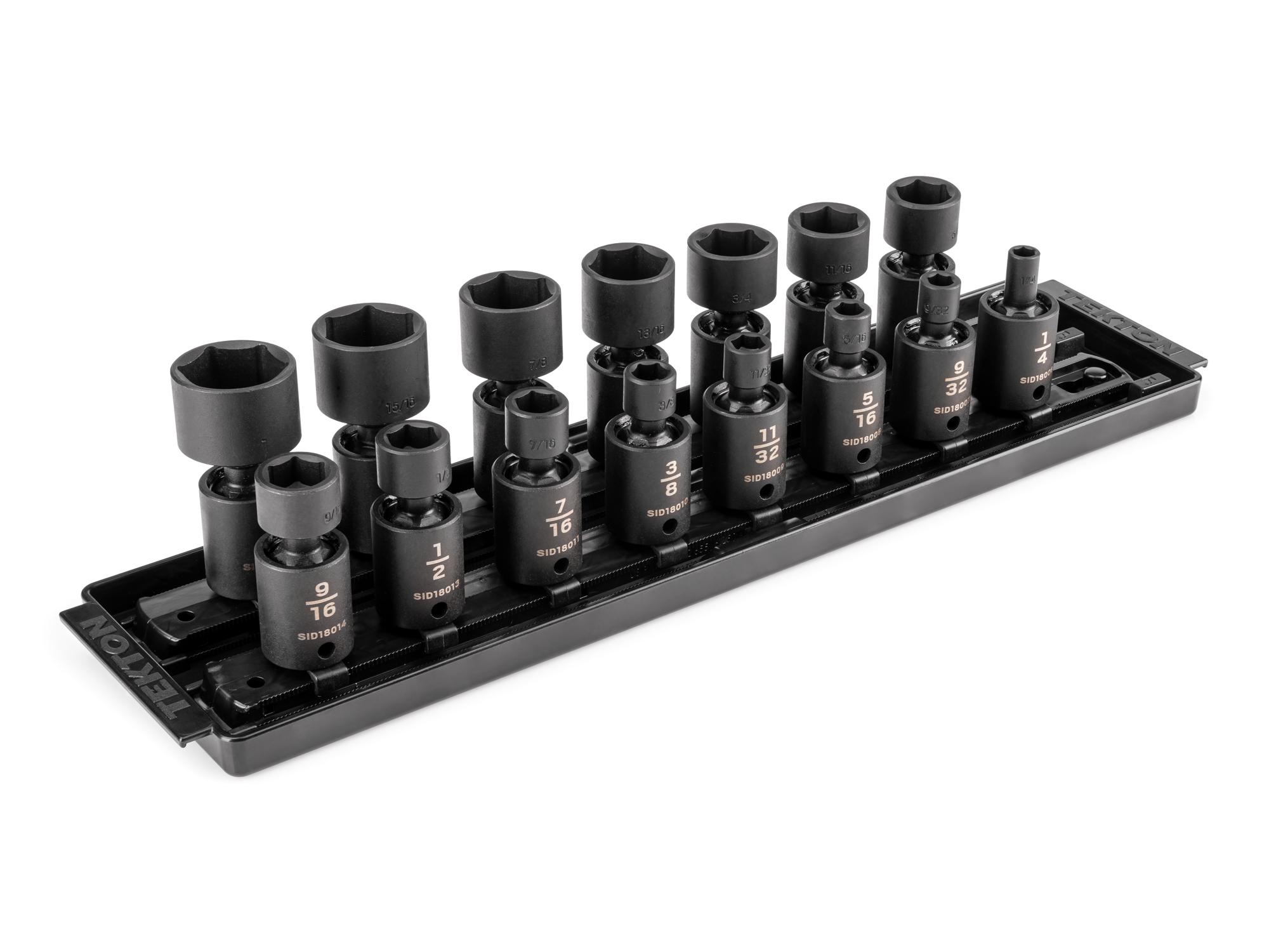 Front-right angle view of Tekton rail impact drive universal joint socket set. Item #SID97101