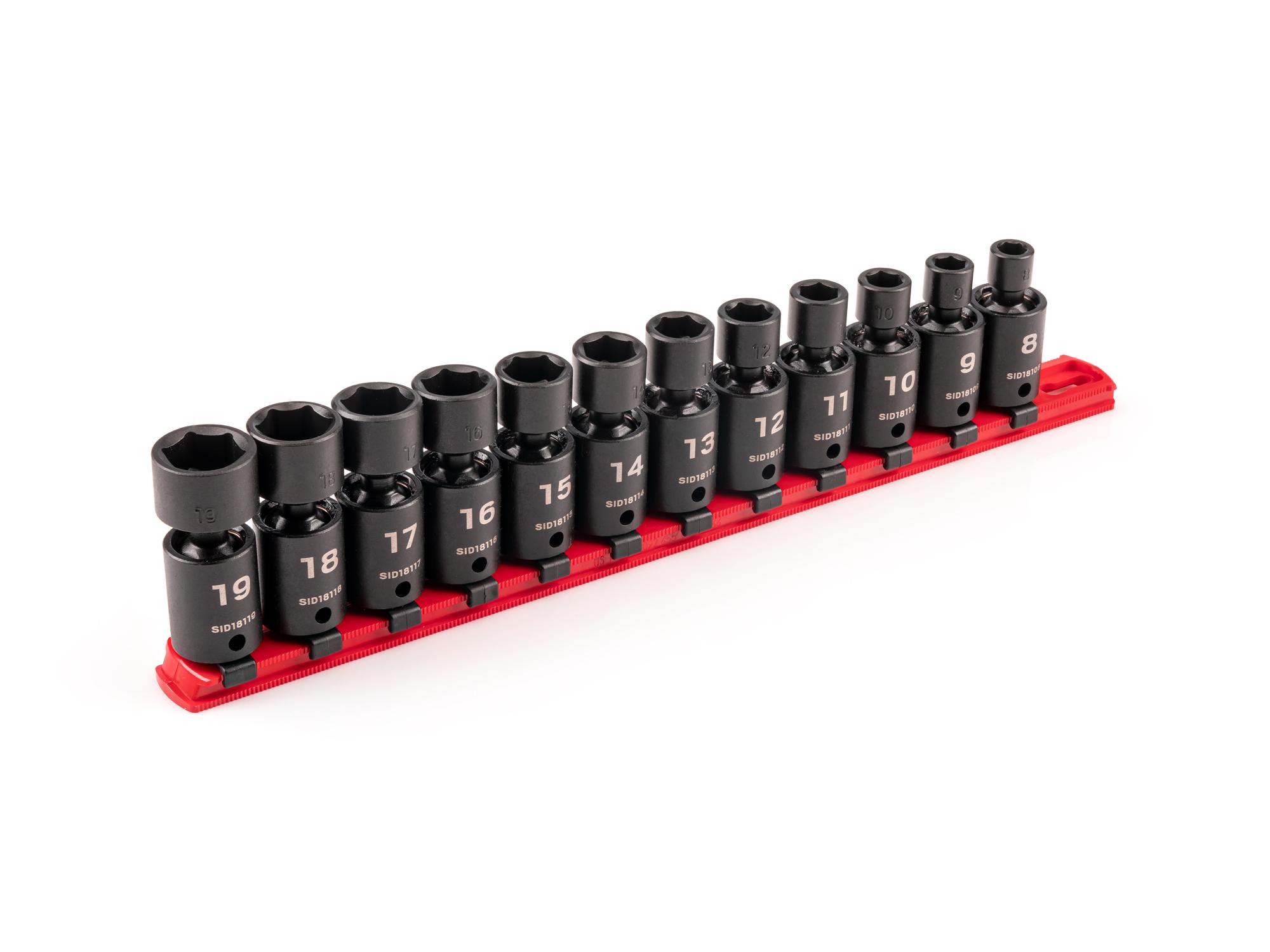 Front-right angle view of Tekton rail impact drive universal joint socket set. Item #SID97102