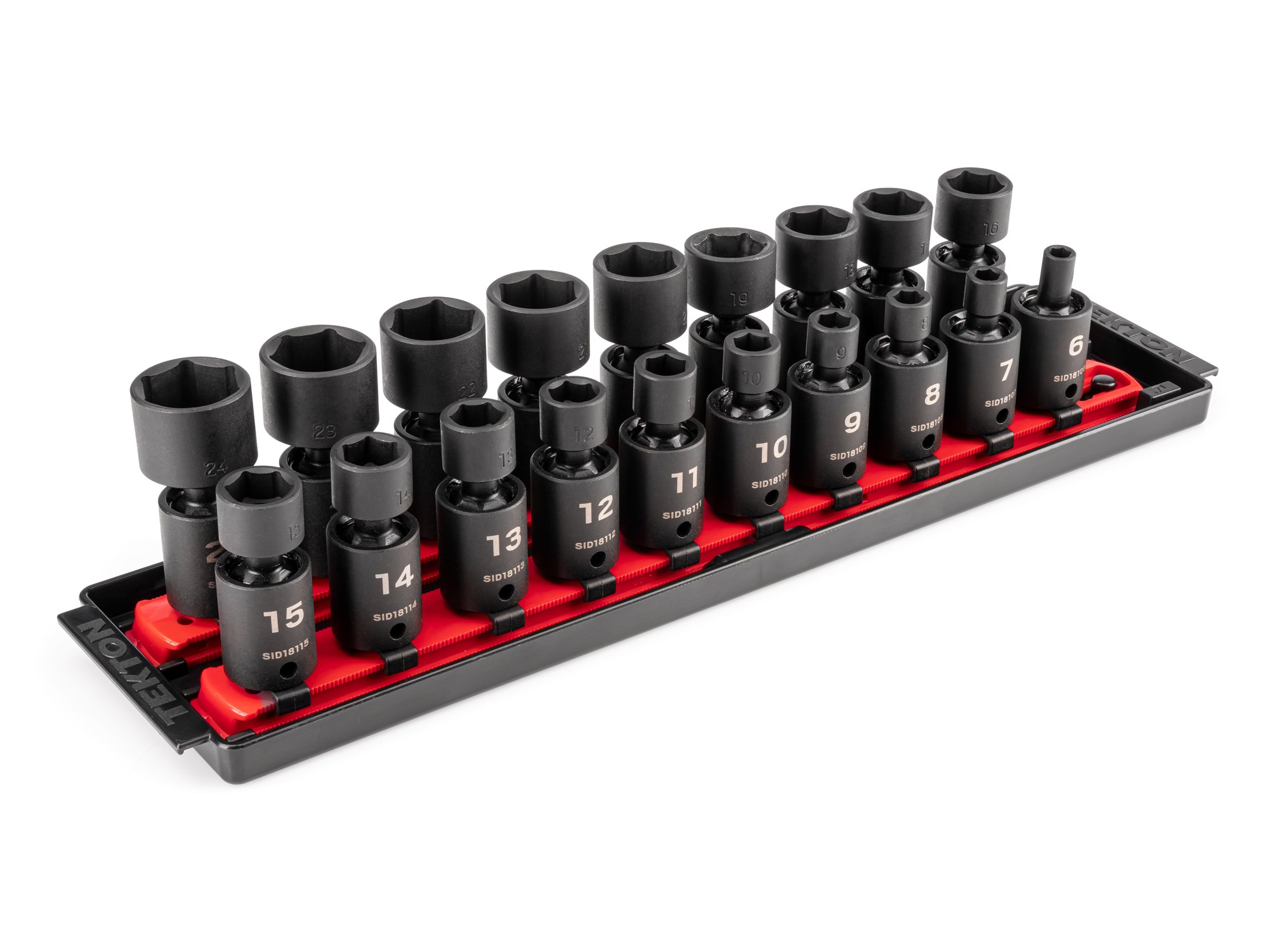 TEKTON 3/8 Inch Drive 6-Point Universal Joint Impact Socket Set with Rails and Tray, 19-Piece (6-24 mm)