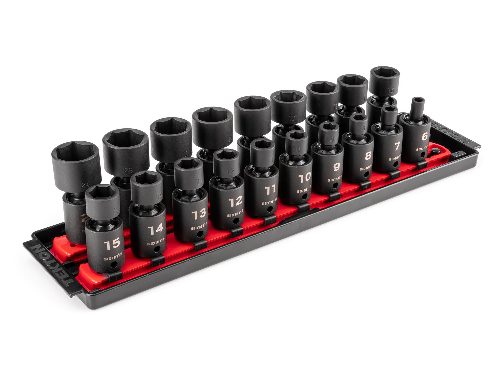 Front-right angle view of Tekton rail impact drive universal joint socket set. Item #SID97103