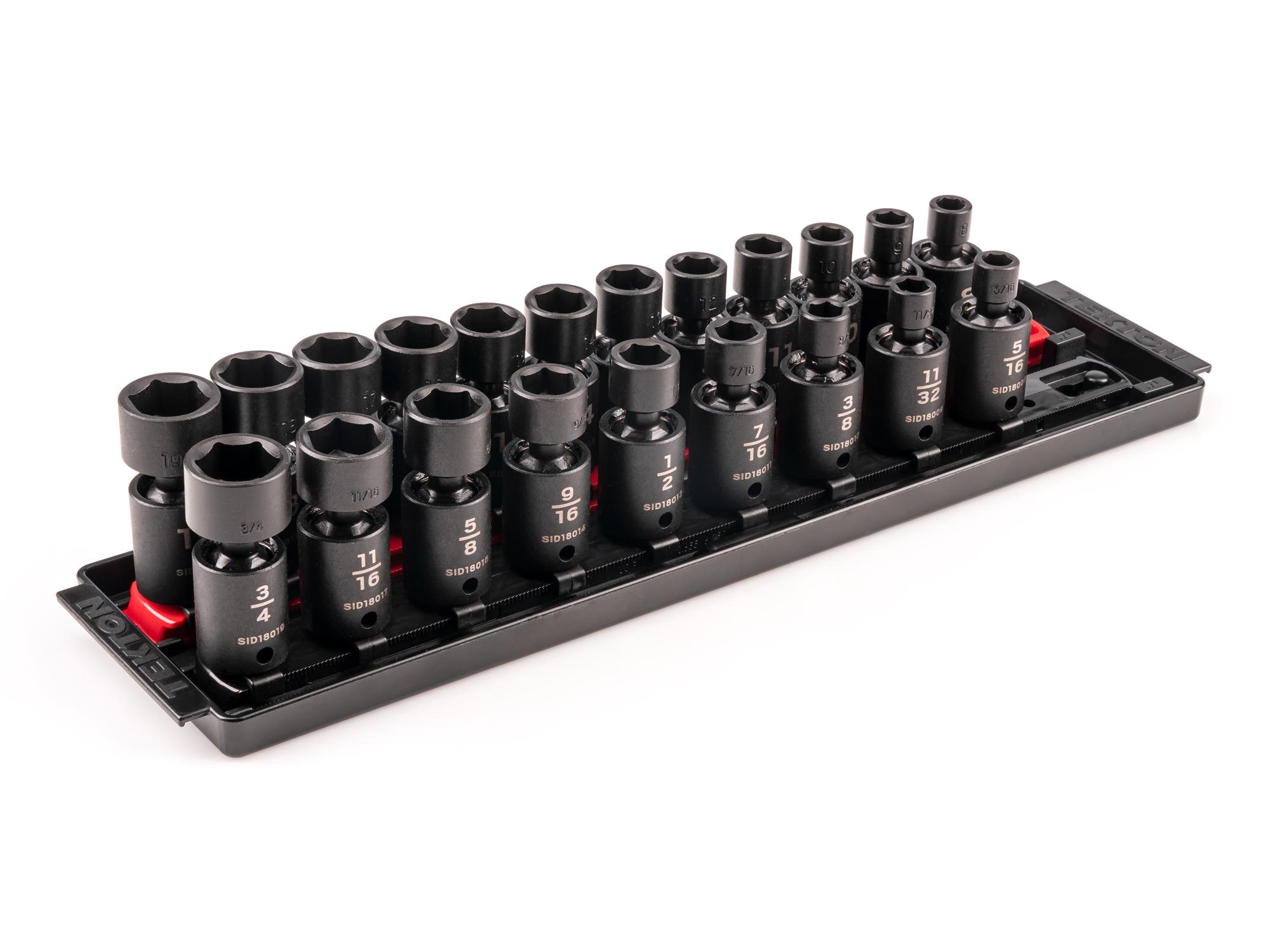 Front-right angle view of Tekton rail impact drive universal joint socket set. Item #SID97200