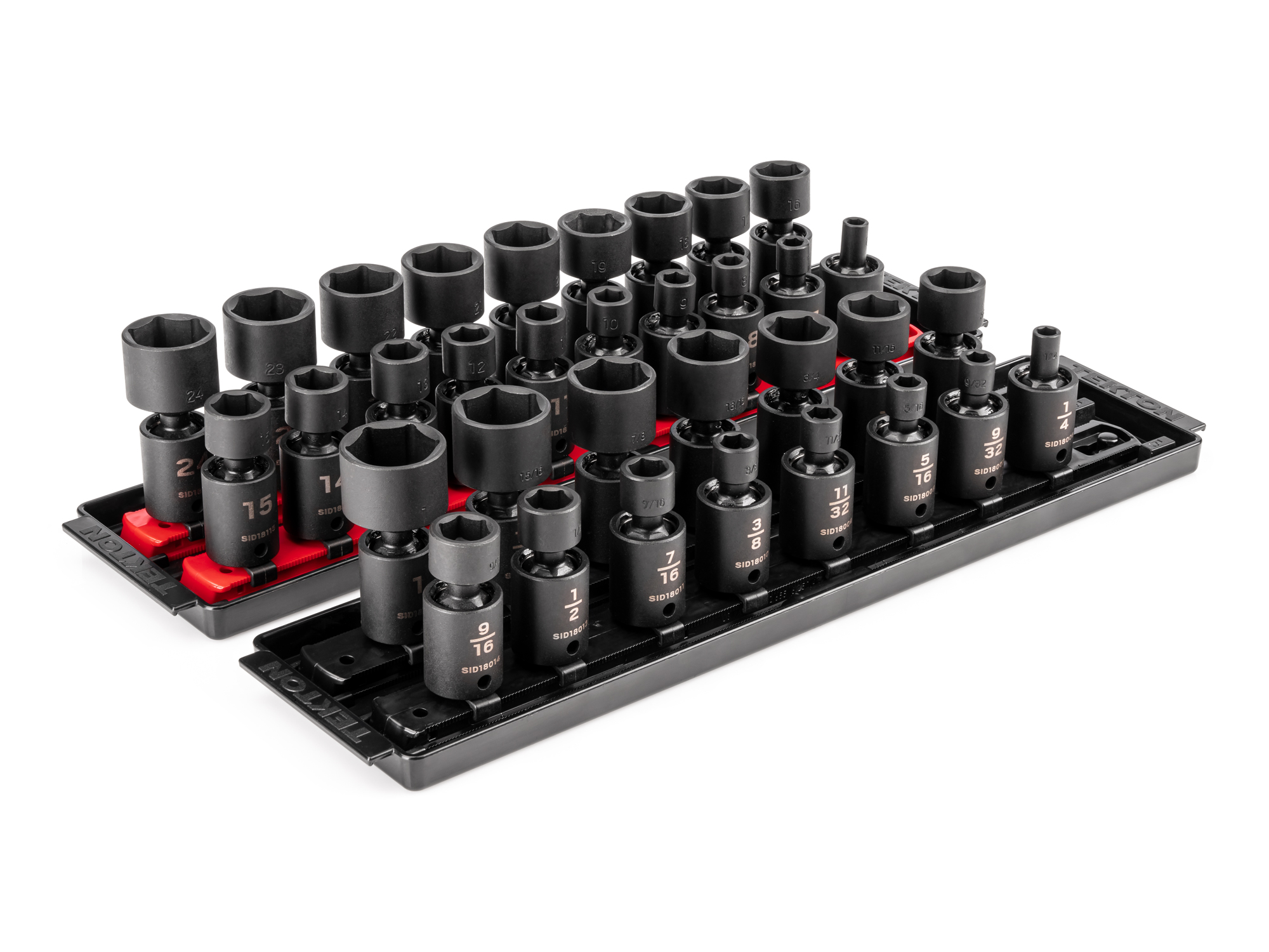 TEKTON 3/8 Inch Drive 6-Point Universal Joint Impact Socket Set with Rails and Trays, 34-Piece (1/4-1 in., 6-24 mm)