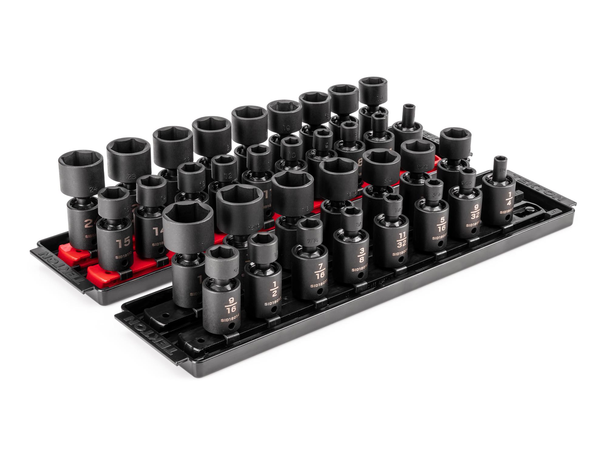 Front-right angle view of Tekton rail impact drive universal joint socket set. Item #SID97201