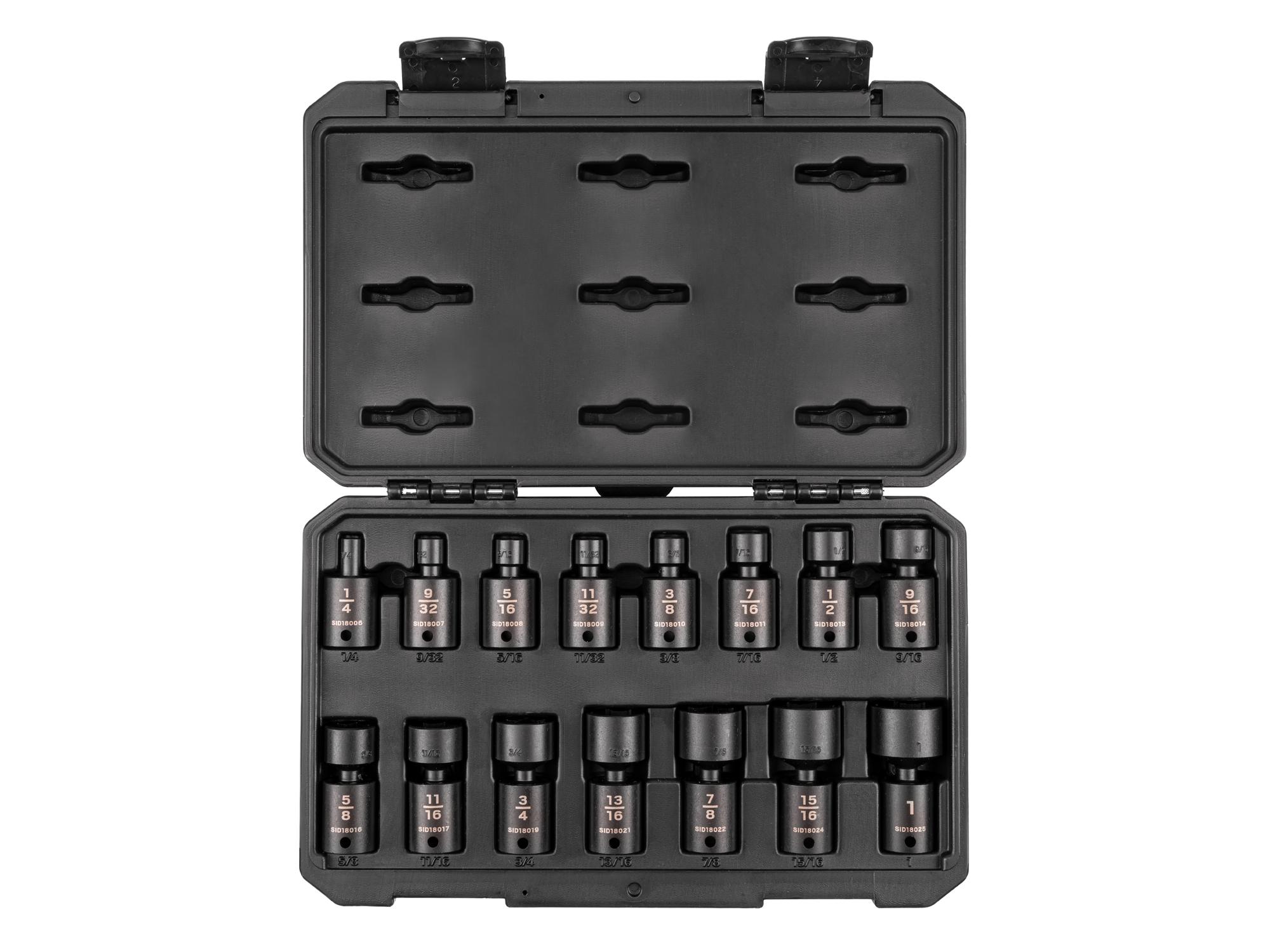 Front view of Tekton case impact drive universal joint socket set. Item #SID97301