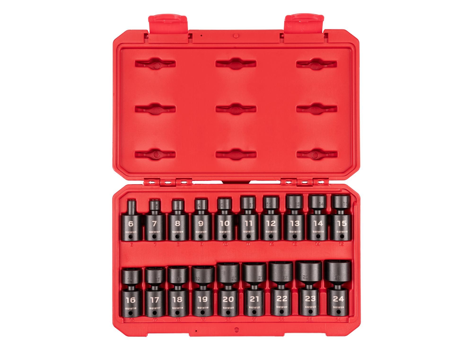 Front view of Tekton case impact drive universal joint socket set. Item #SID97302