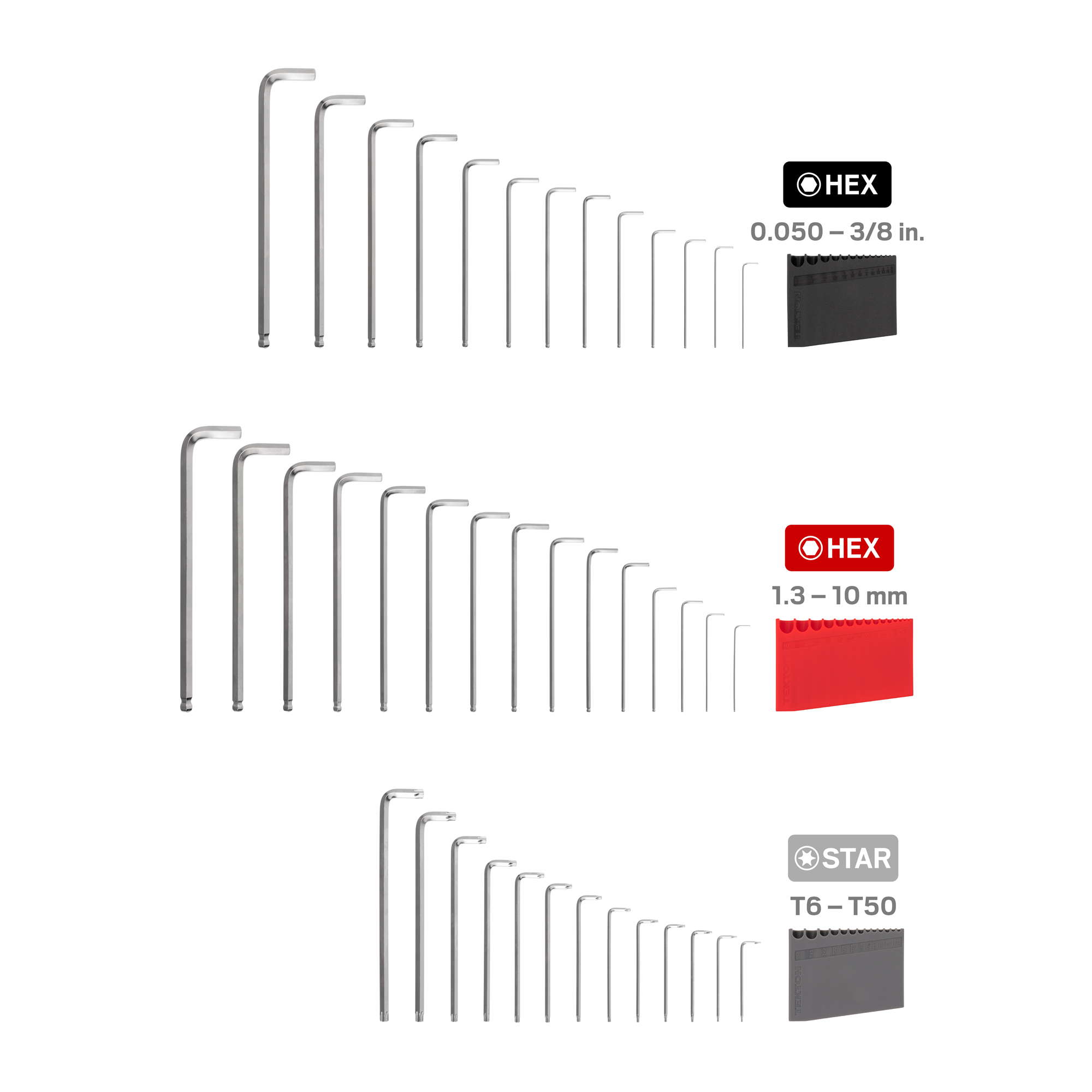 Set Includes: 0.050-3/8 inch (SAE), 1.3-10 mm (Metric), T6-T50 (Star/Torx) keys. Long-arm for high leverage. Comes quick-access storage holders. Item #KEY91001.