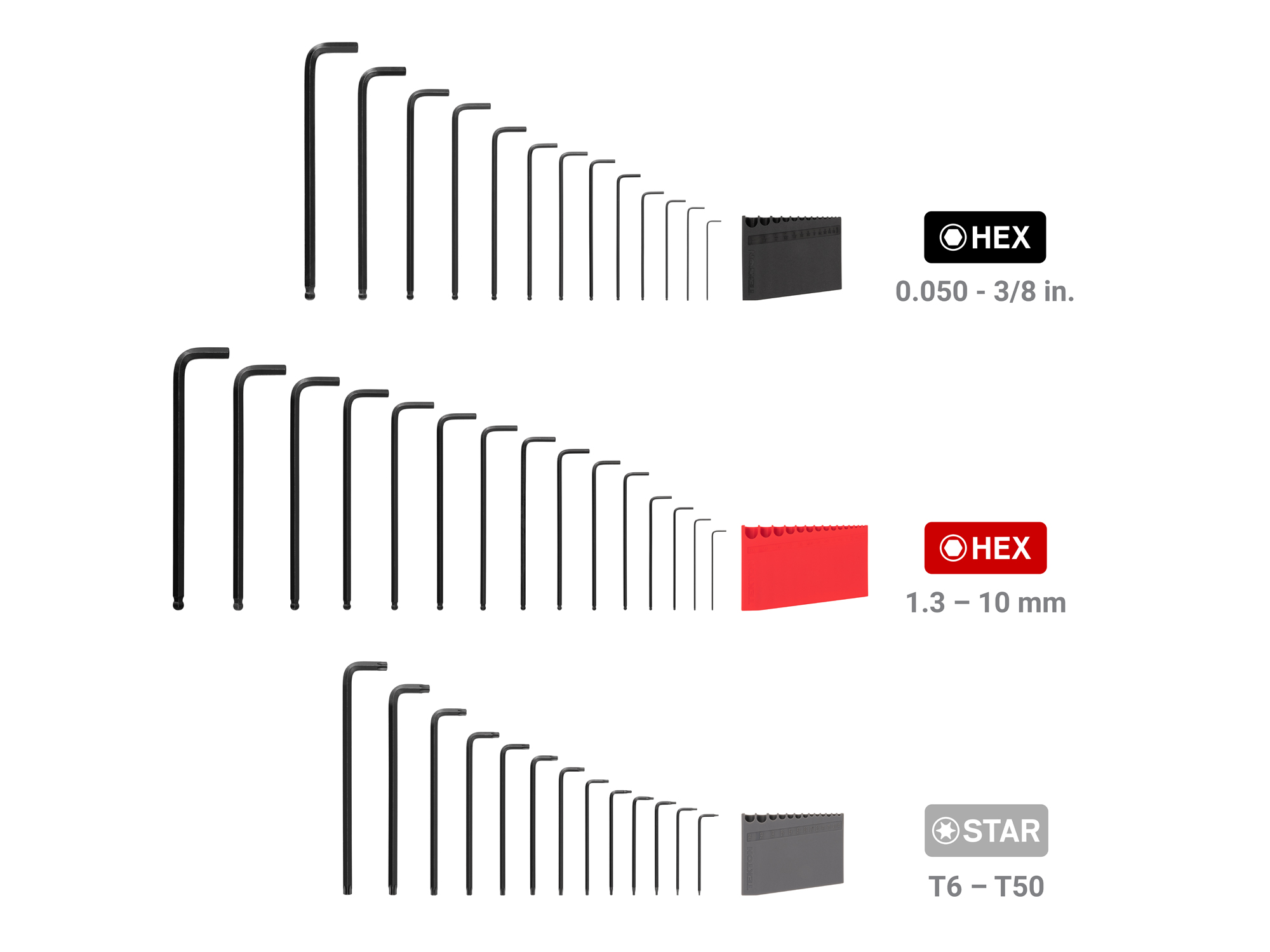 Set includes: 0.050-3/8 inch (SAE), 1.3-10 mm (metric), T6-T50 (star) ball end hex and star L-keys. Comes with custom quick-access L-key holders. KEY91002.