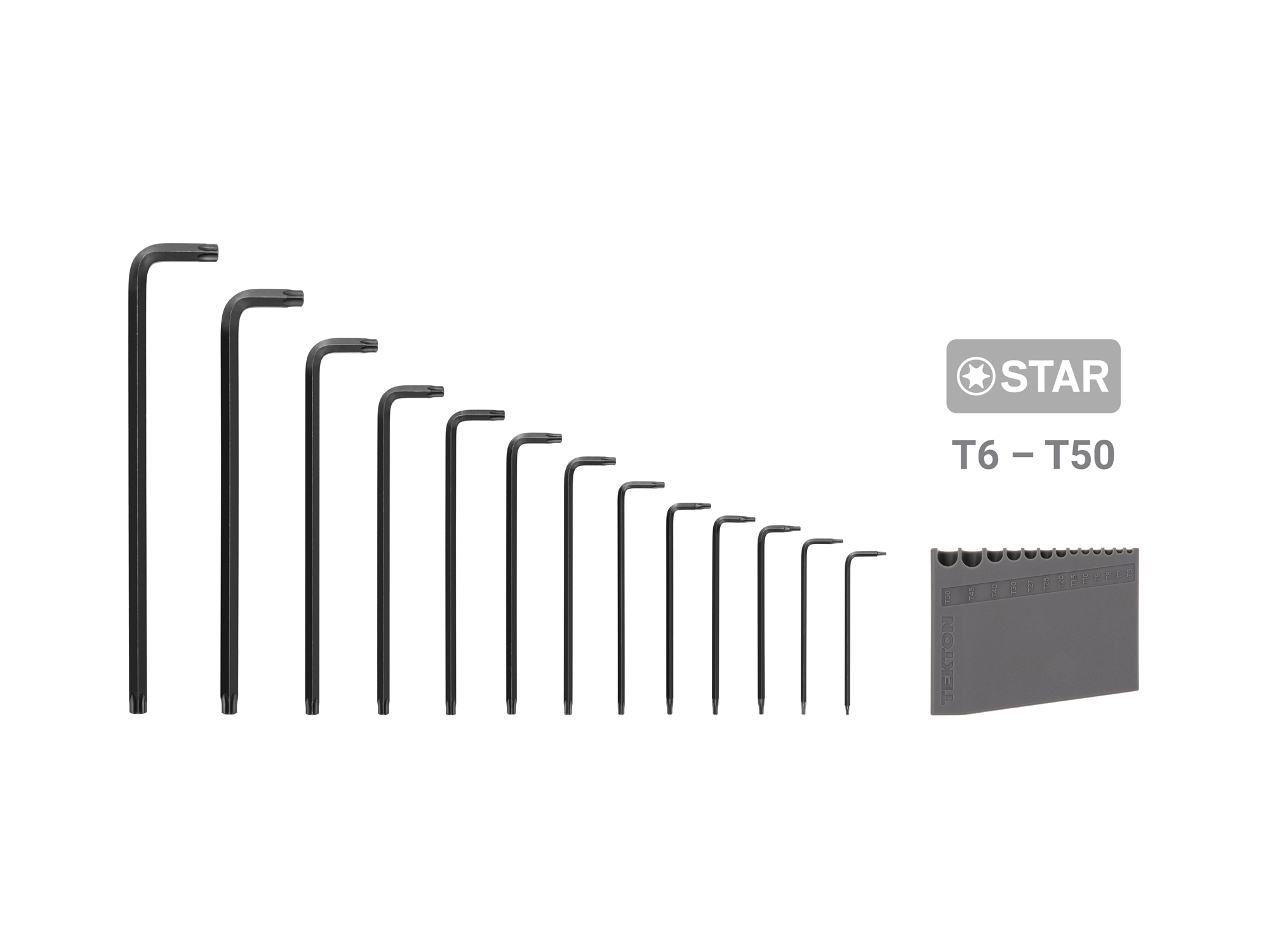 Set includes: T6-T50 (star) ball end hex L-keys. Comes with custom quick-access L-key holder. KLT91402.