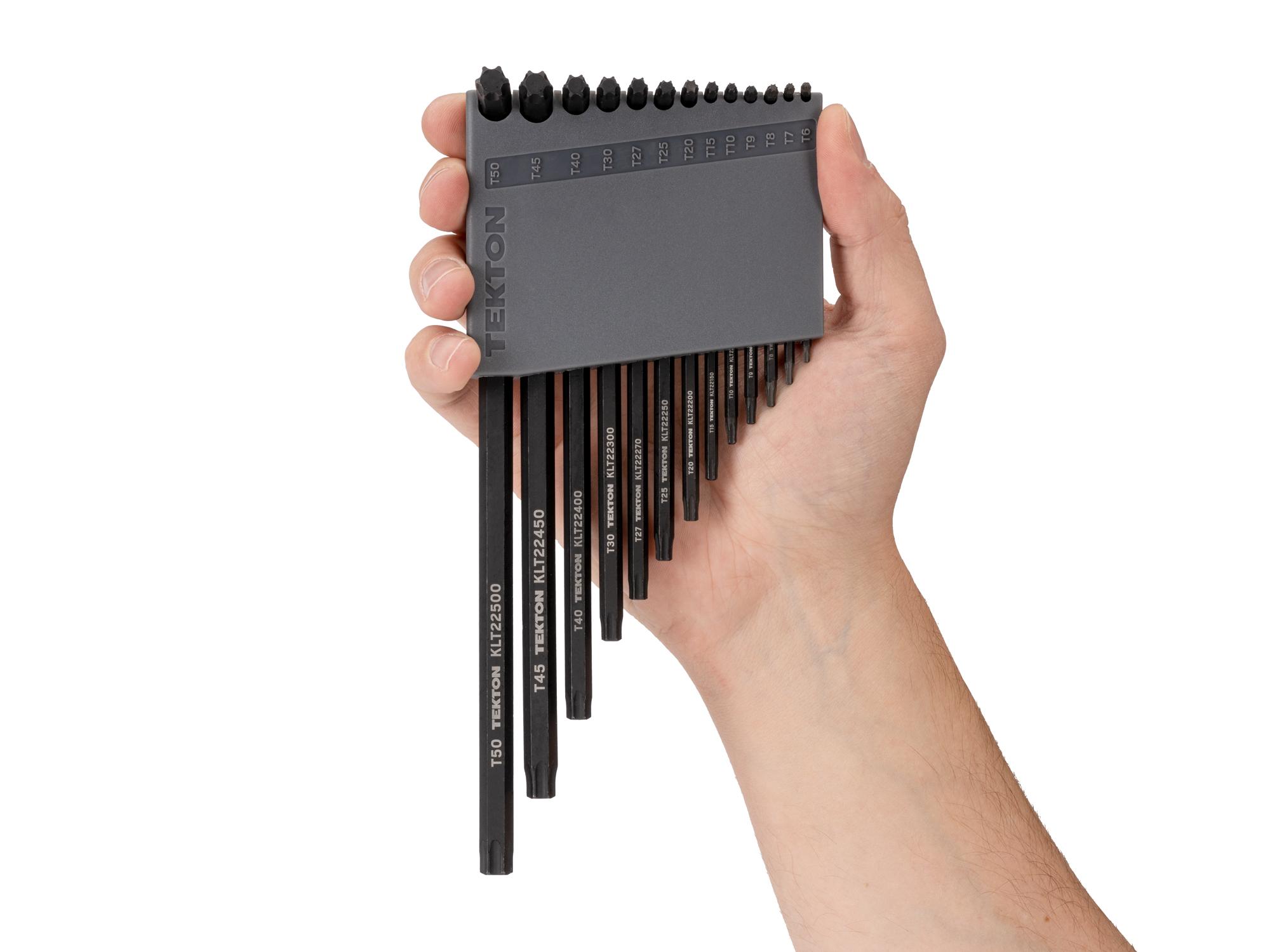 Person holding Tekton holder l-key set. Item #KLT91402