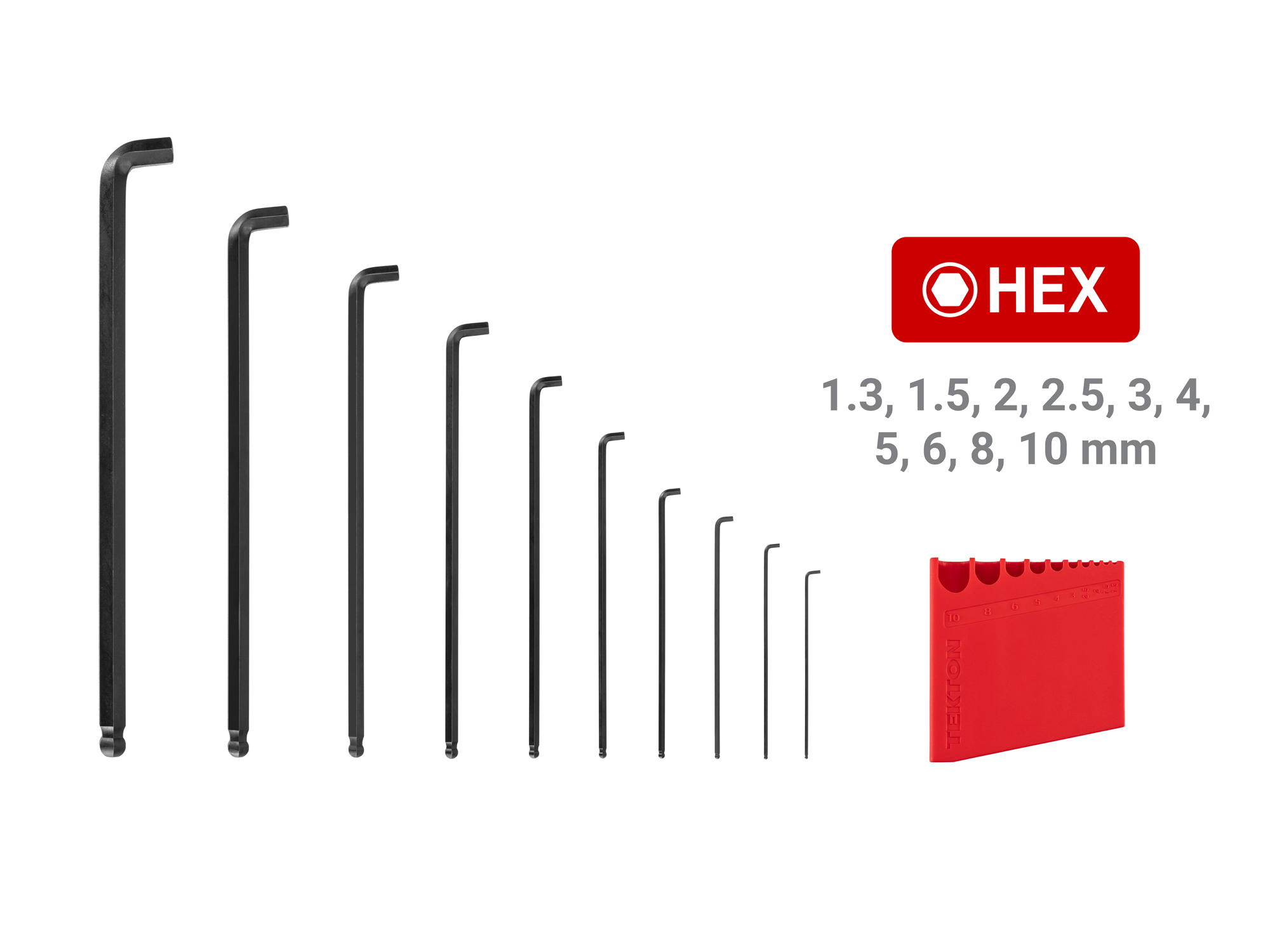 Set includes: 1.3, 1.5, 2, 2.5, 3, 4, 5, 6, 8, 10 mm (Metric) short-arm ball end hex L-keys with quick-access holder. KLX91212.