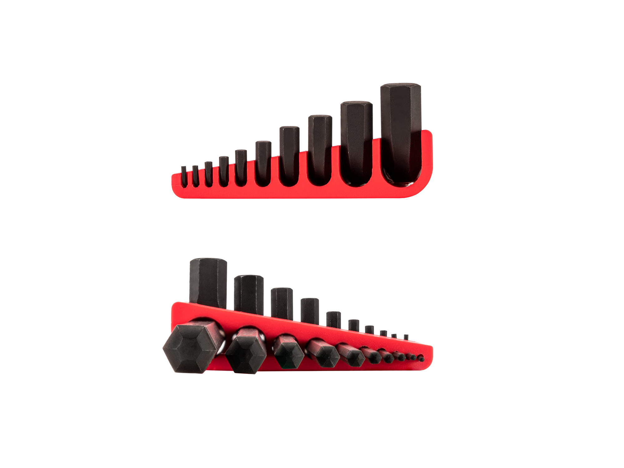 Set includes: 1.3, 1.5, 2, 2.5, 3, 4, 5, 6, 8, 10 mm (Metric) short-arm ball end hex L-keys with quick-access holder. KLX91212.