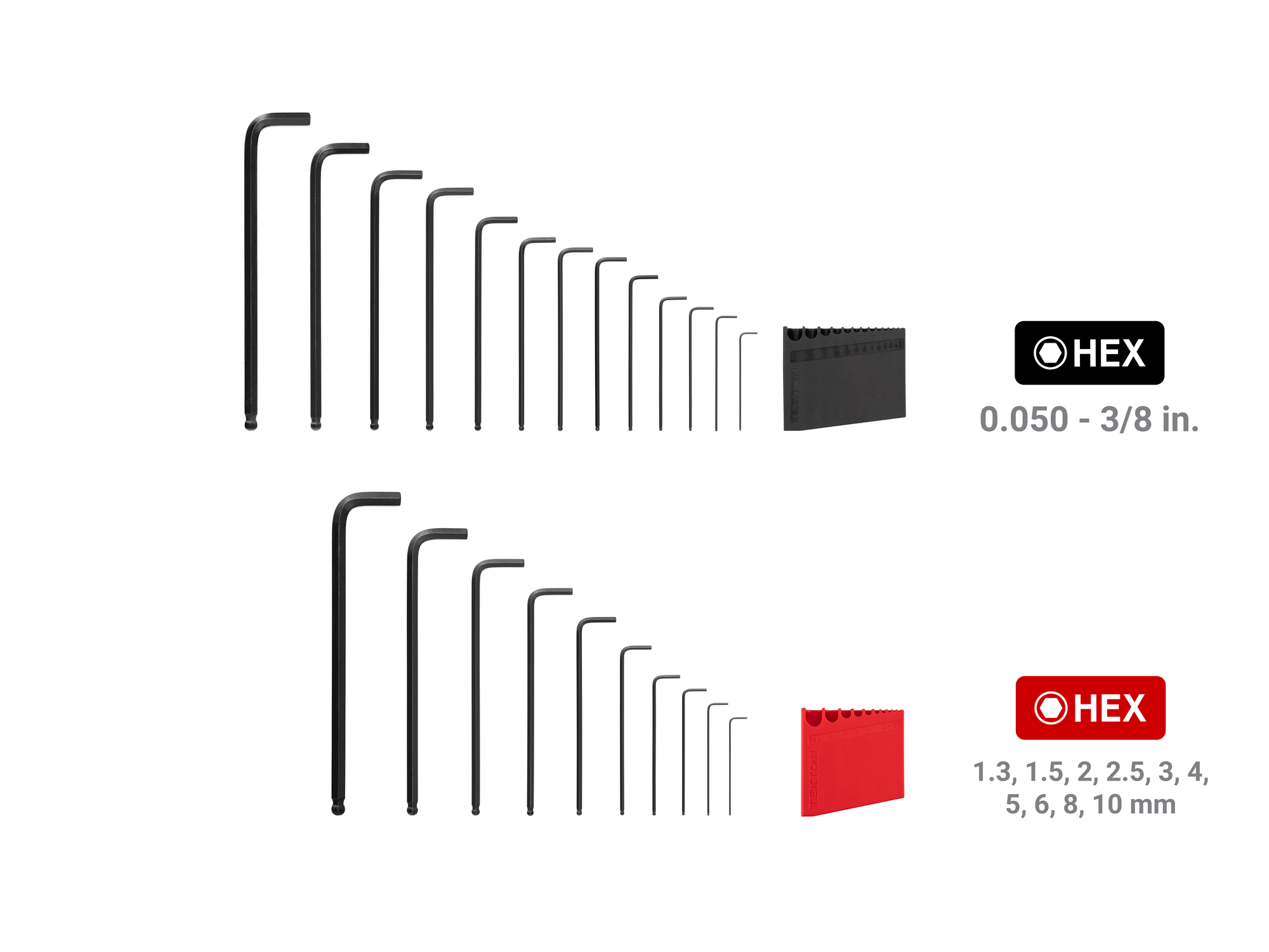 23-piece set includes 0.050–3/8 inch (SAE) and 1.3–10 mm (metric) ball end hex L-keys with holders. KLX91304.