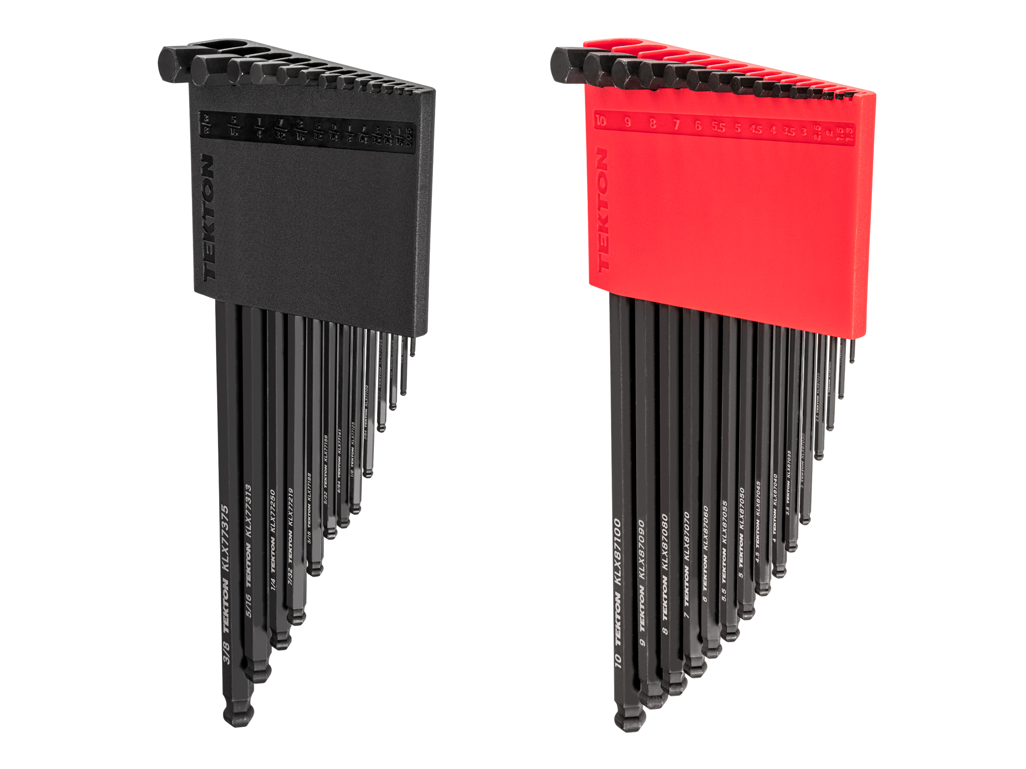 Set includes: 0.050-3/8 inch (SAE), 1.3-10 mm (metric) short-arm ball end hex L-keys that provide access into tight spaces. Includes two quick-access holders. No skipped sizes. KLX91312.