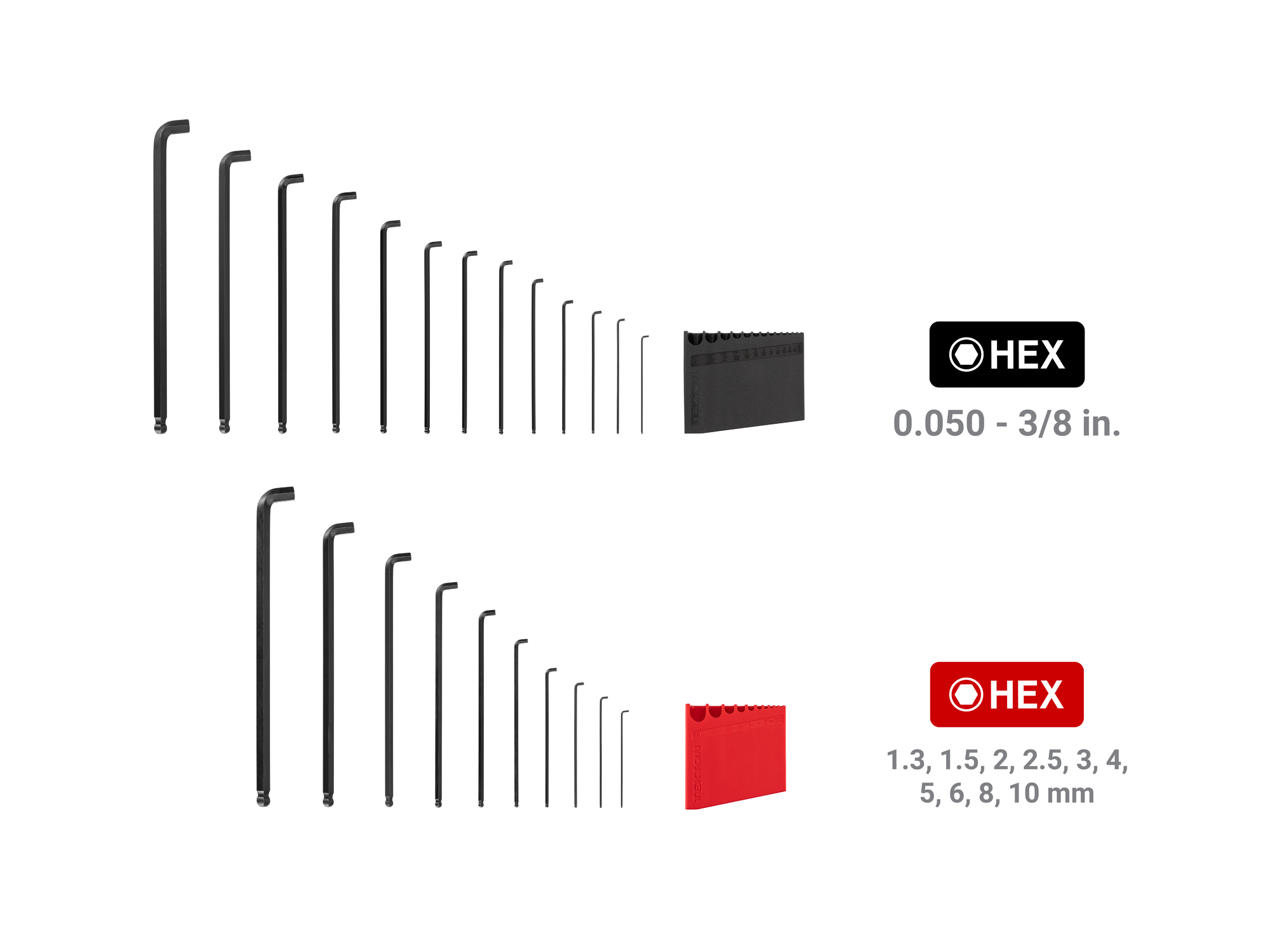 23-piece set includes 0.050–3/8 inch (SAE) and 1.3–10 mm (metric) short arm ball end hex L-keys with holders. KLX91313.