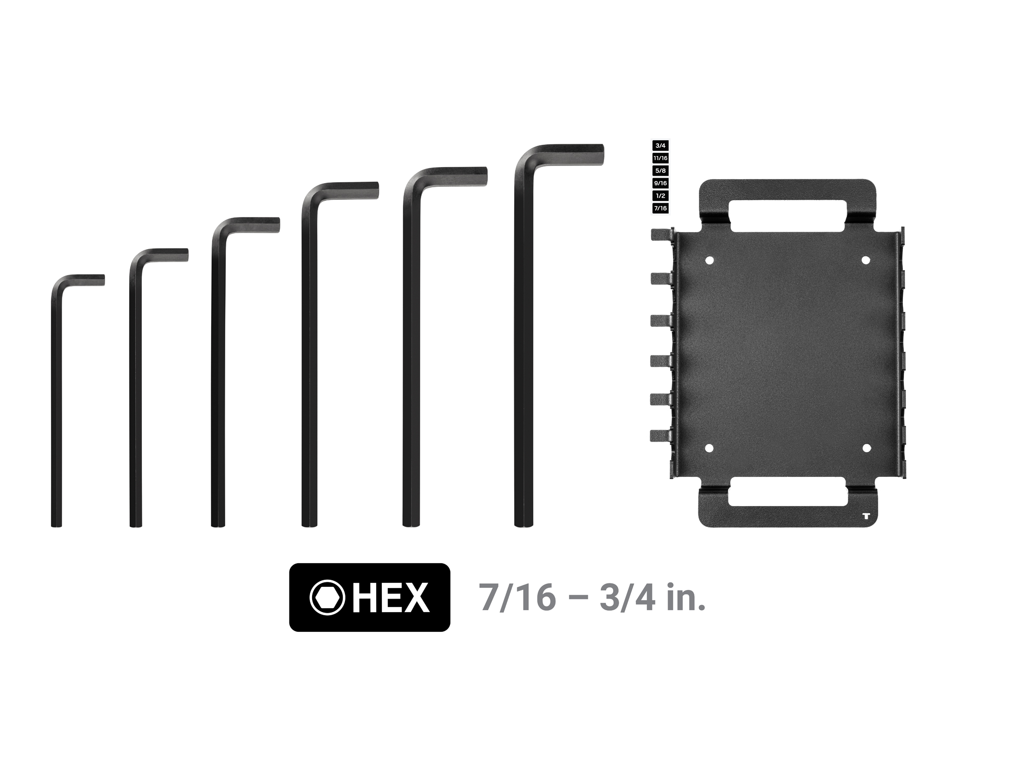 Set includes 7/16-3/4 inch (SAE) flat end hex L-keys. Comes with rack. No skipped sizes. KLX92101.