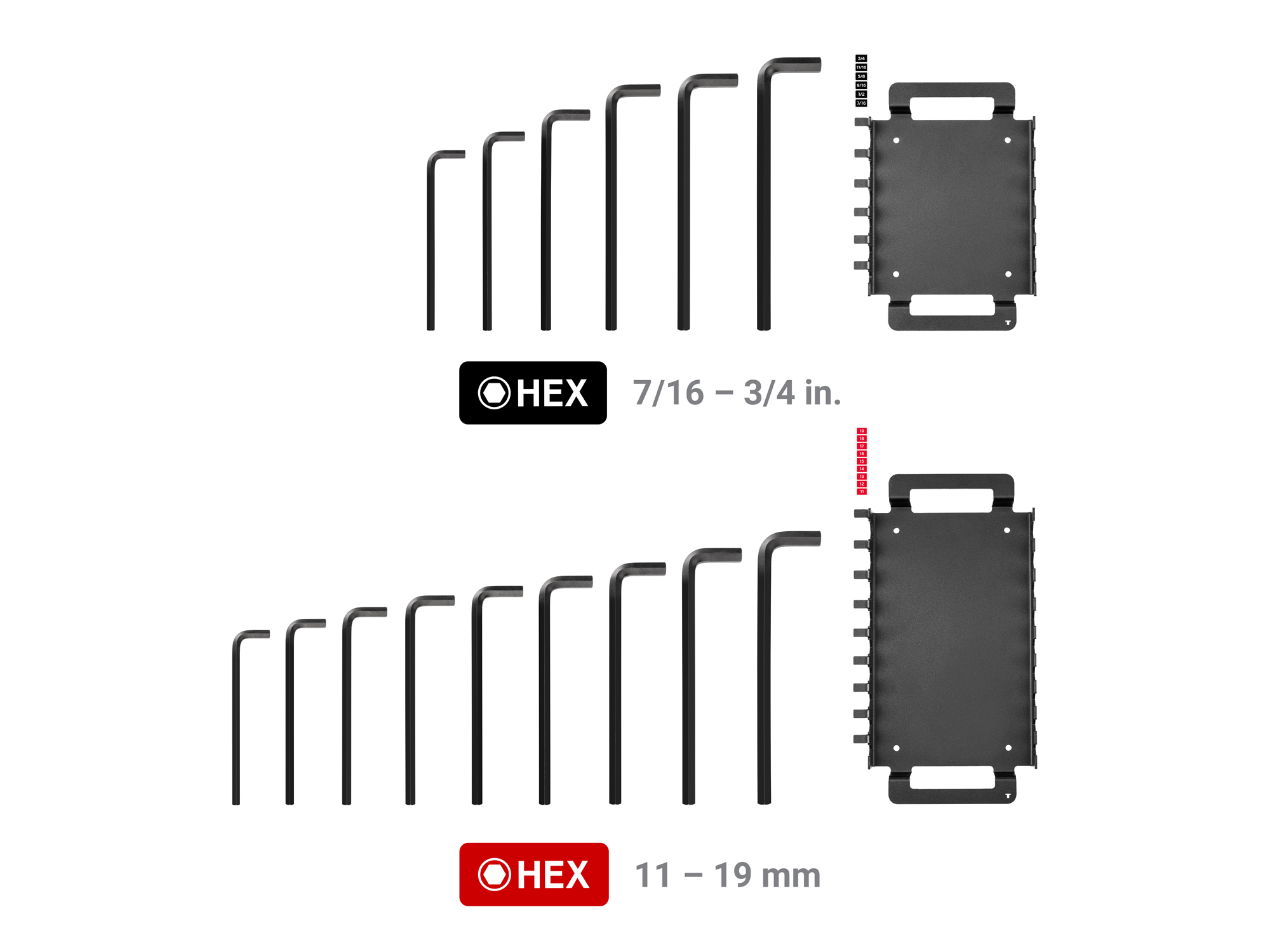 15-piece set includes 7/16–3/4 inch (SAE) and 11–19 mm (metric) flat end hex L-keys with racks. No skipped sizes. KLX92301.