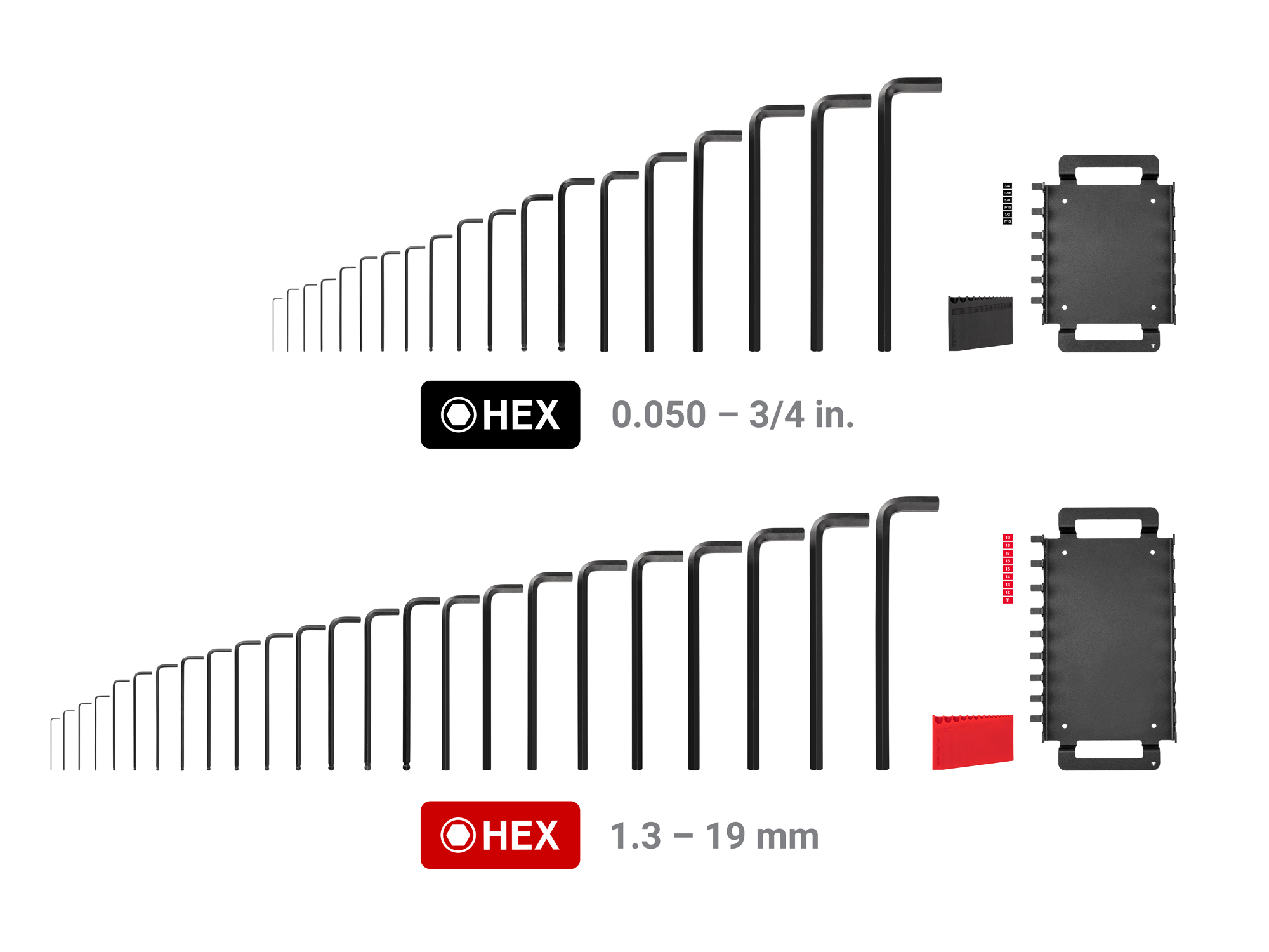 Set includes 0.050-3/4 inch (SAE) and 1.3-19 mm (metric) ball end and flat end hex L-keys. Comes with holders and racks. No skipped sizes. KLX99301.