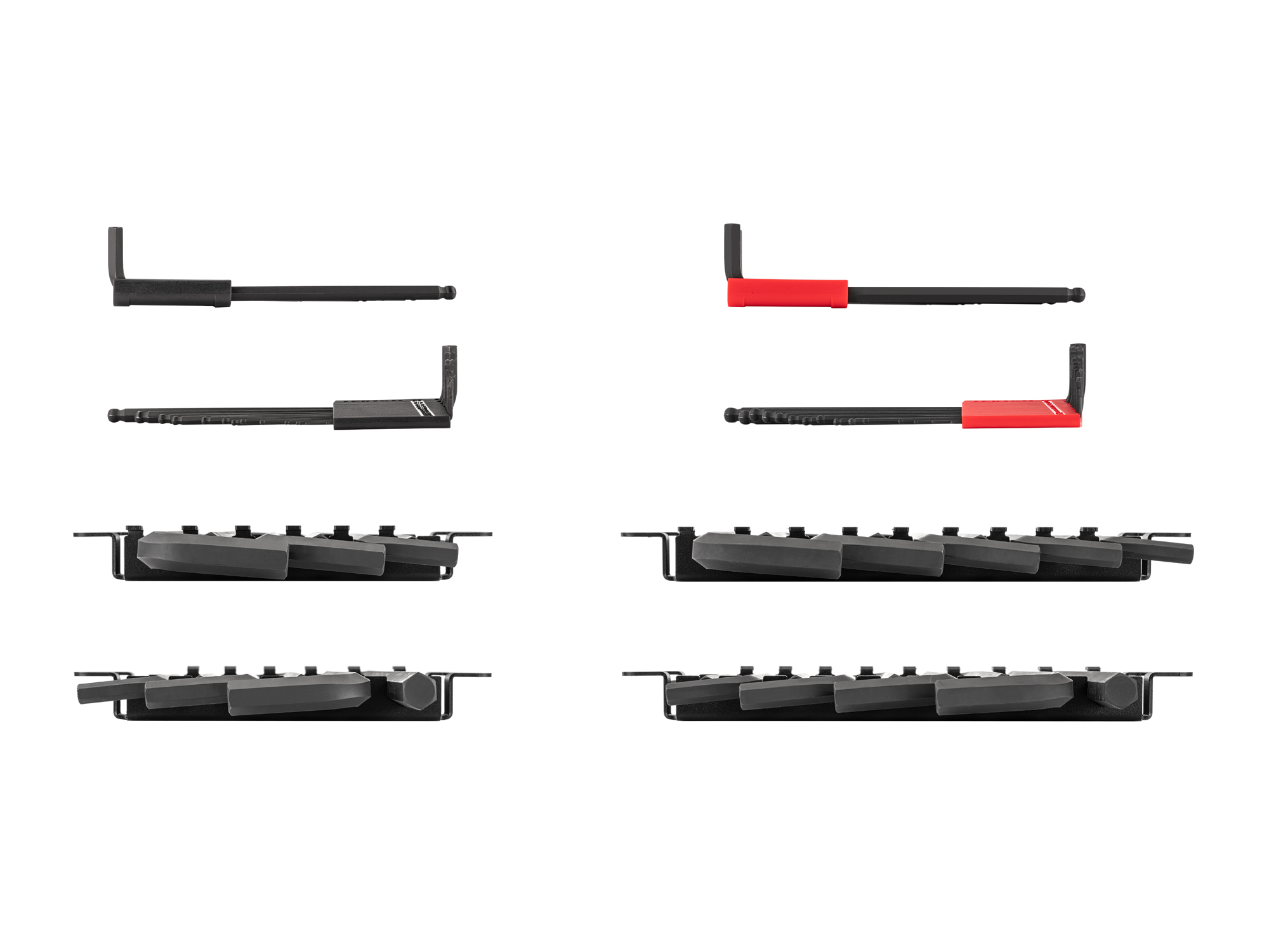 Set includes 0.050-3/4 inch (SAE) and 1.3-19 mm (metric) ball end and flat end hex L-keys. Comes with holders and racks. No skipped sizes. KLX99301.