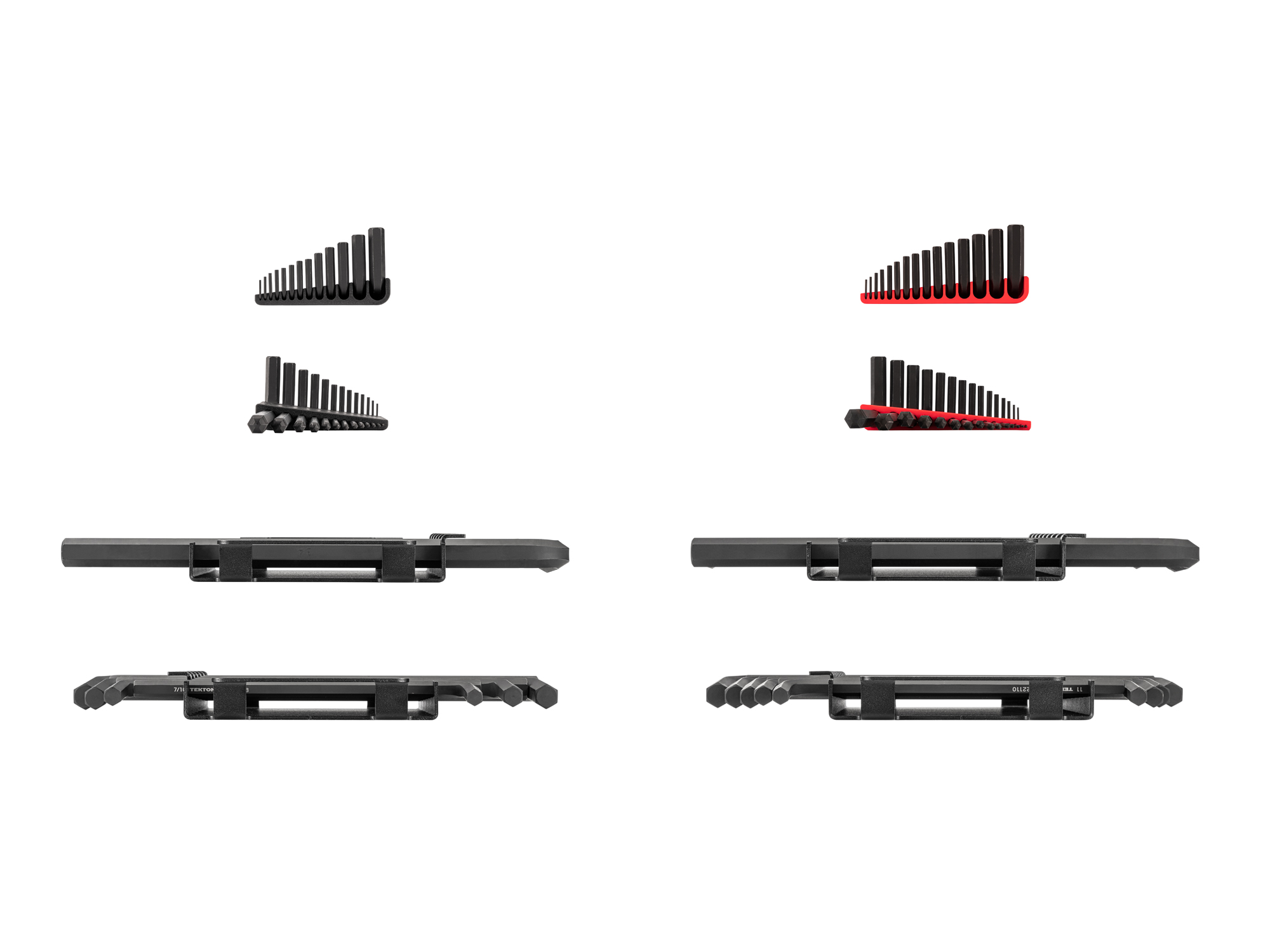 Set includes 0.050-3/4 inch (SAE) and 1.3-19 mm (metric) ball end and flat end hex L-keys. Comes with holders and racks. No skipped sizes. KLX99301.