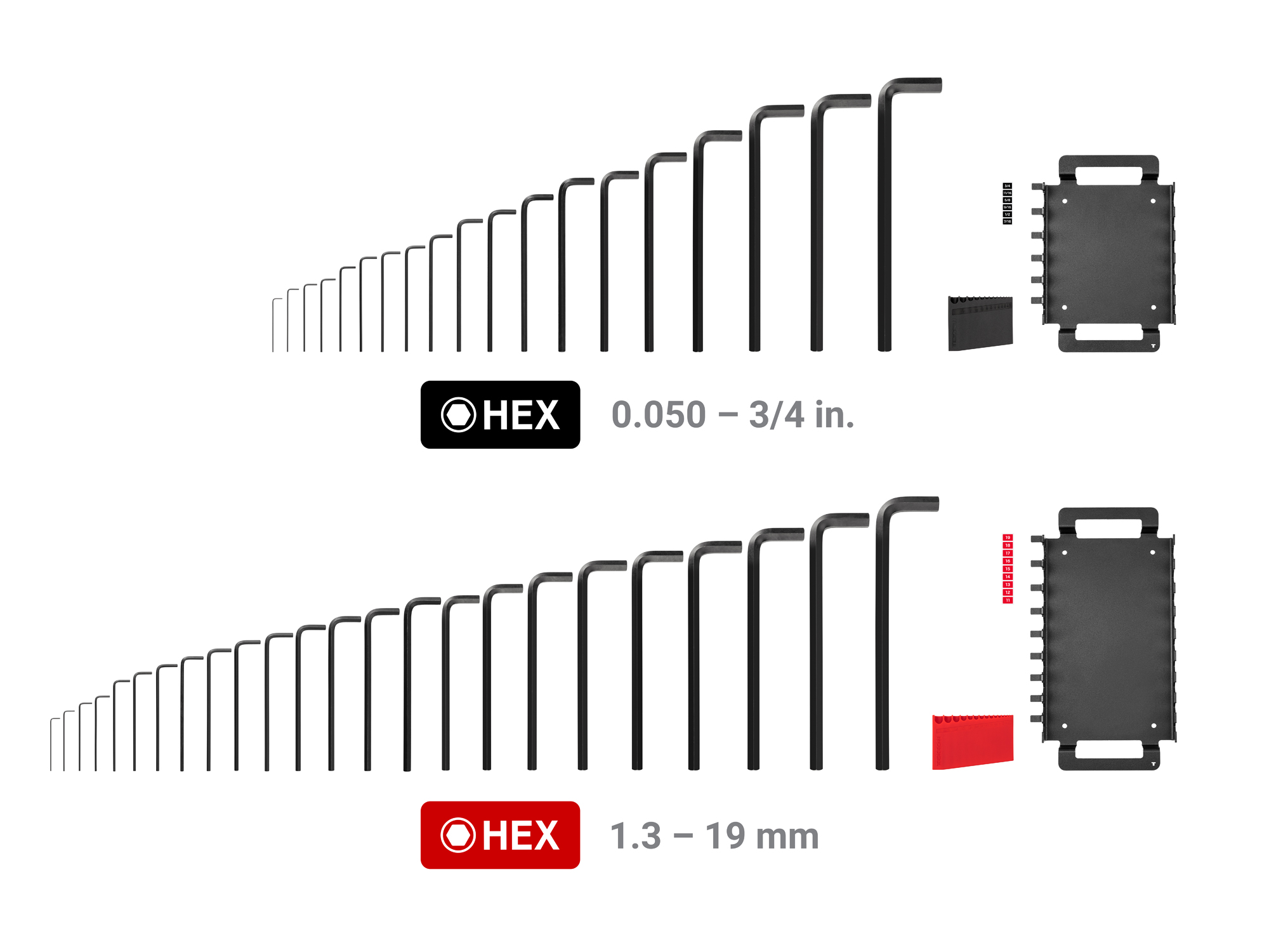 43-piece set includes 0.050–3/4 inch (SAE), 1.3–19 mm (metric) flat end hex L-keys. Comes with quick-access holders and racks. No skipped sizes. KLX99302.