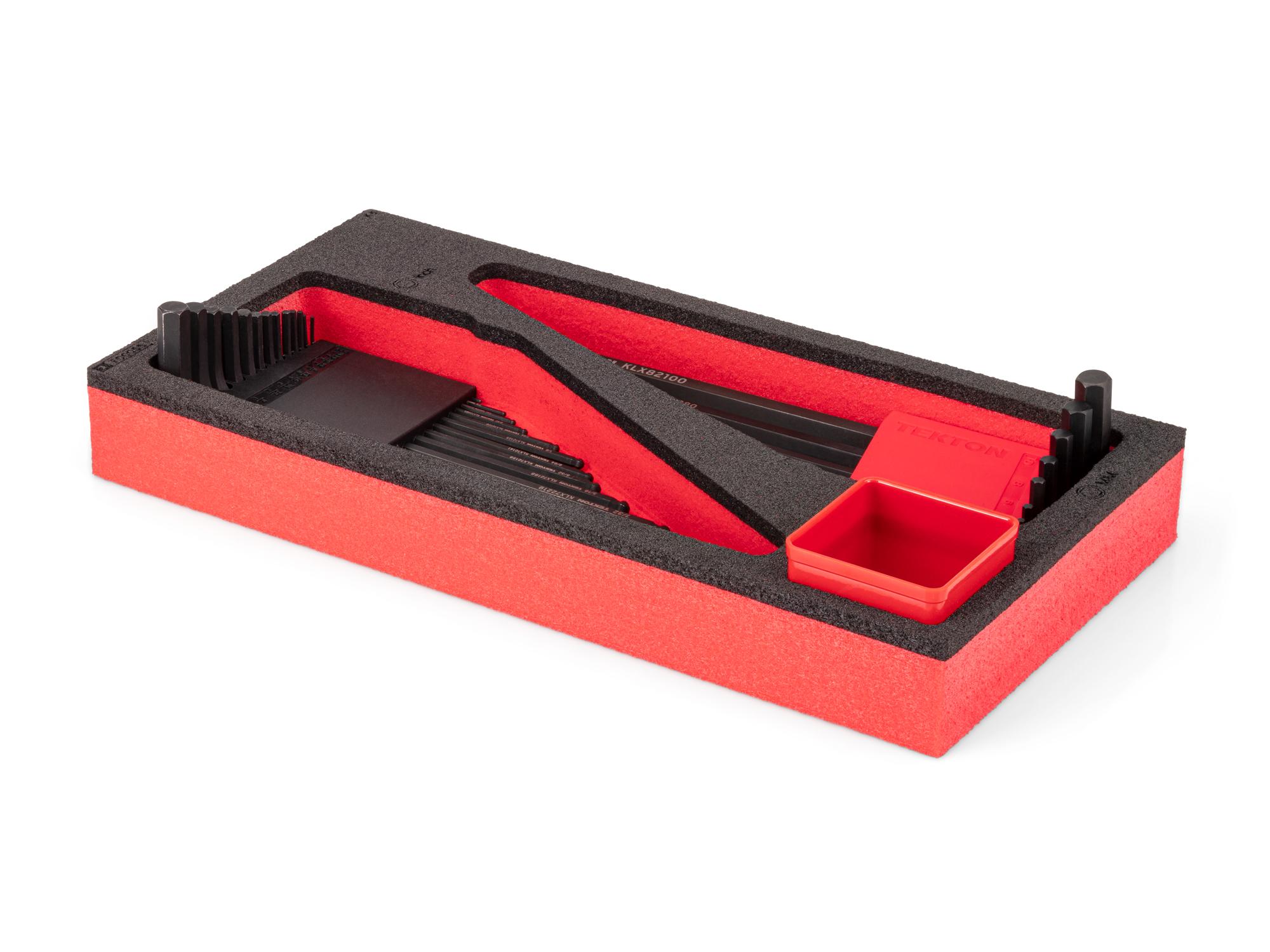 Angled view of red Tekton ball end hex L-key set with 12 x 6 inch foam organizer. KLX99303