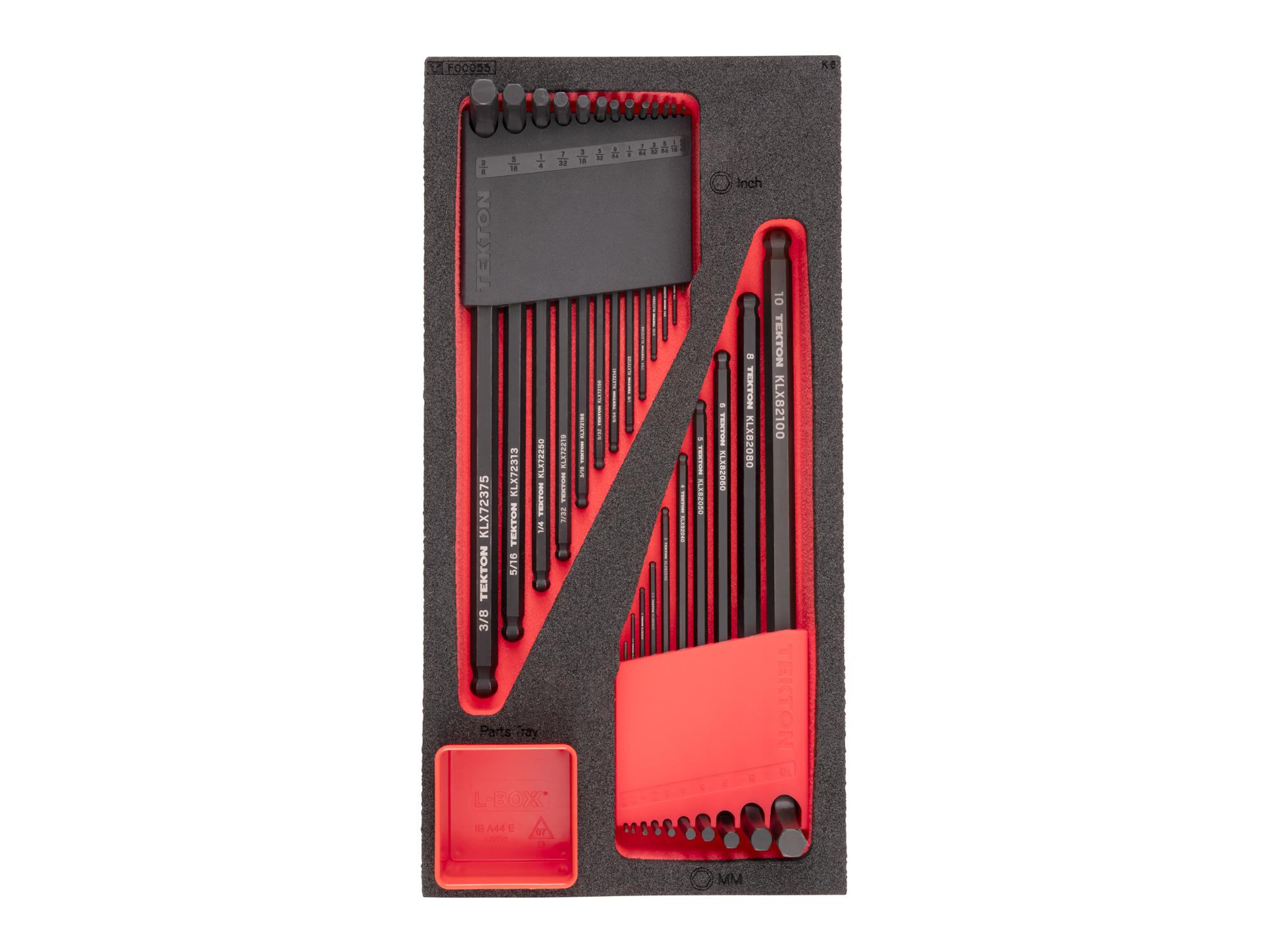 Top view of red Tekton ball end hex L-key set with 12 x 6 inch foam organizer. KLX99303