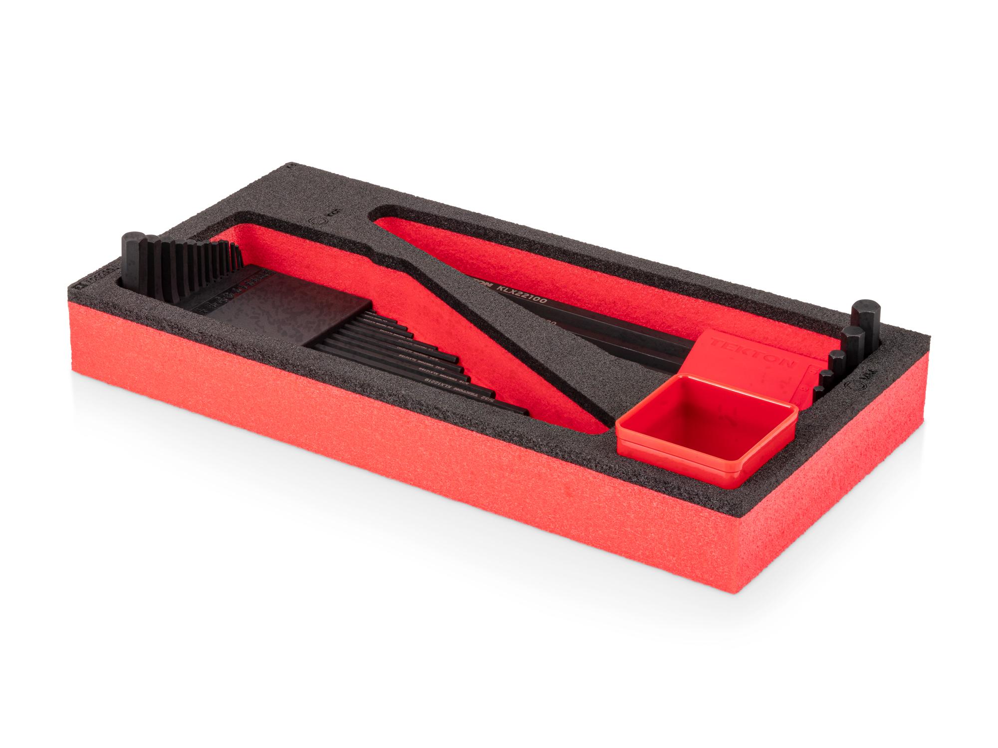 Angled view of red Tekton flat end hex L-key set with 12 x 6 inch foam organizer. KLX99304