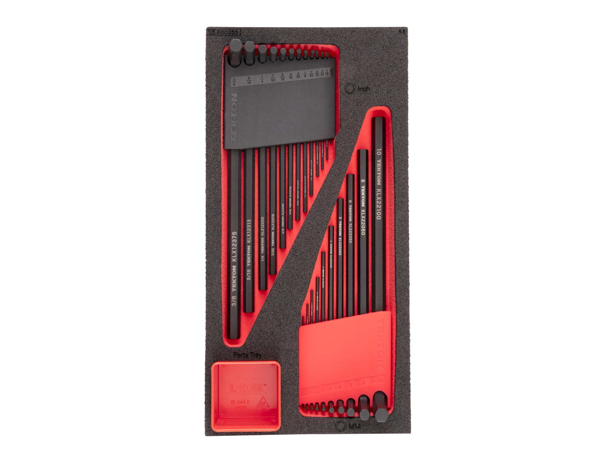 Top view of red Tekton flat end hex L-key set with 12 x 6 inch foam organizer. KLX99304
