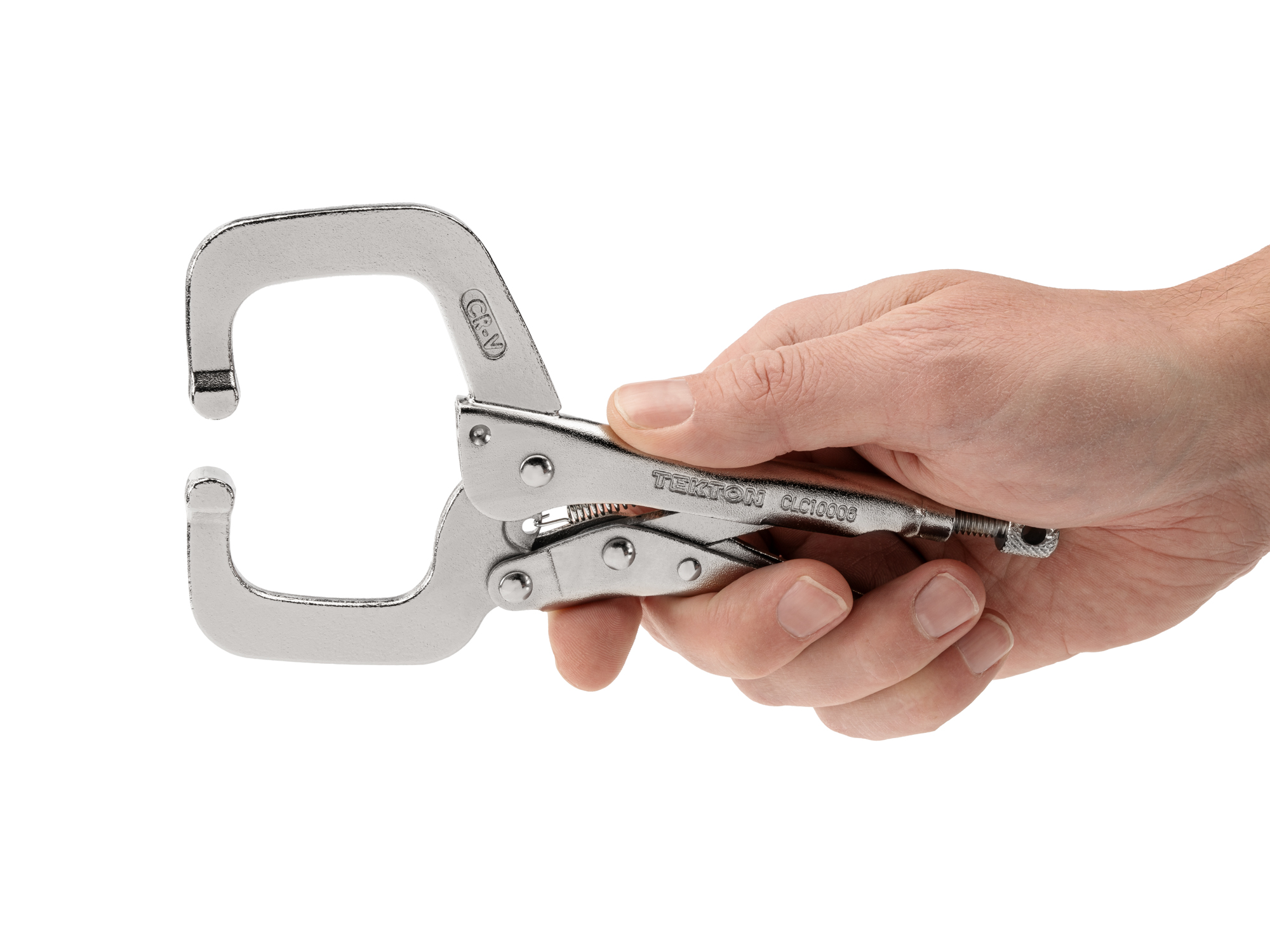 The 6 inch locking c-clamp provides a concentrated clamping force, an easy pull to release lever, and a large adjustment knob.