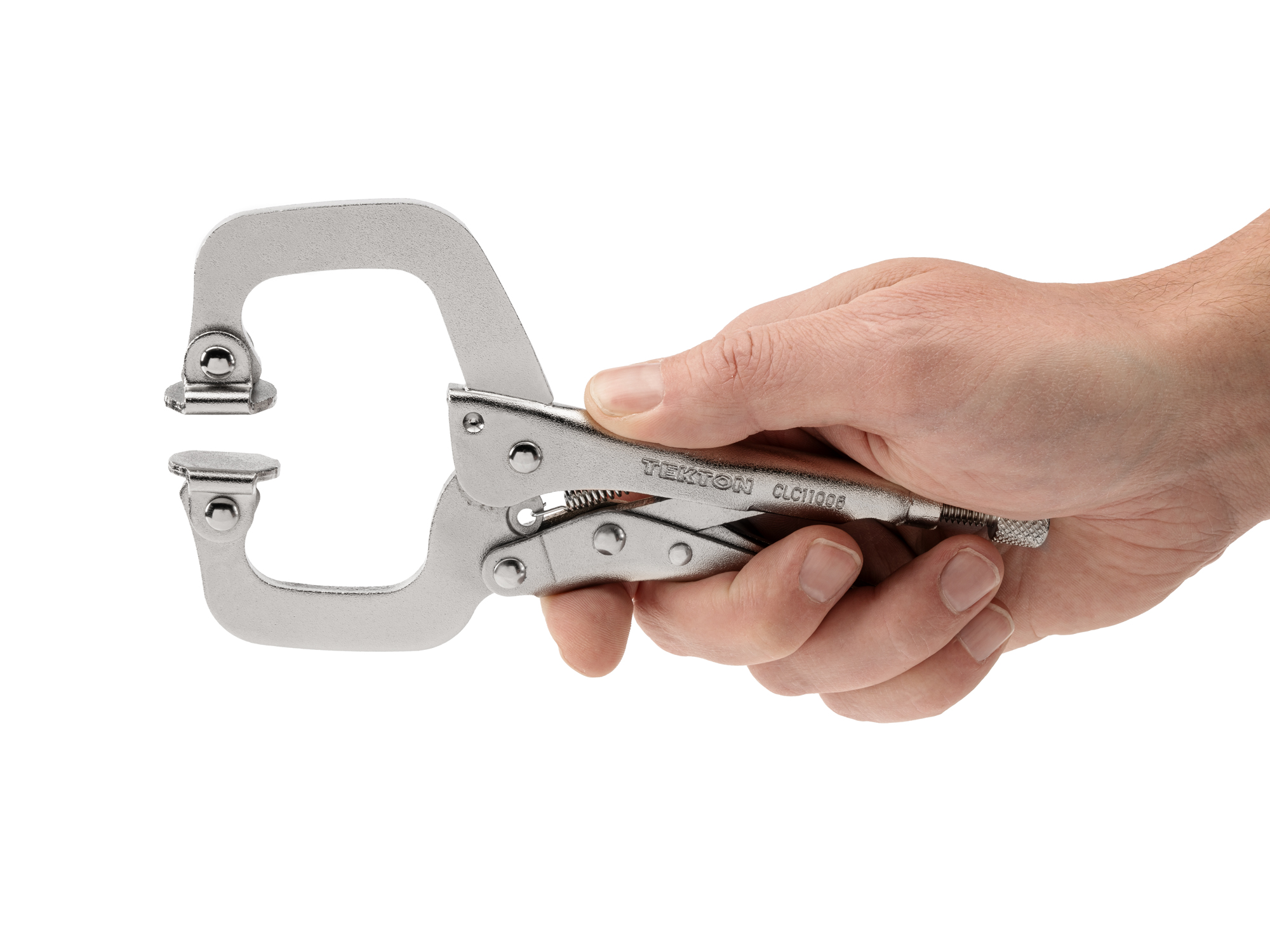 The 6 inch swivel locking c-clamp provides parallel clamping surfaces, an easy pull-to-release lever, and a large adjustment knob.